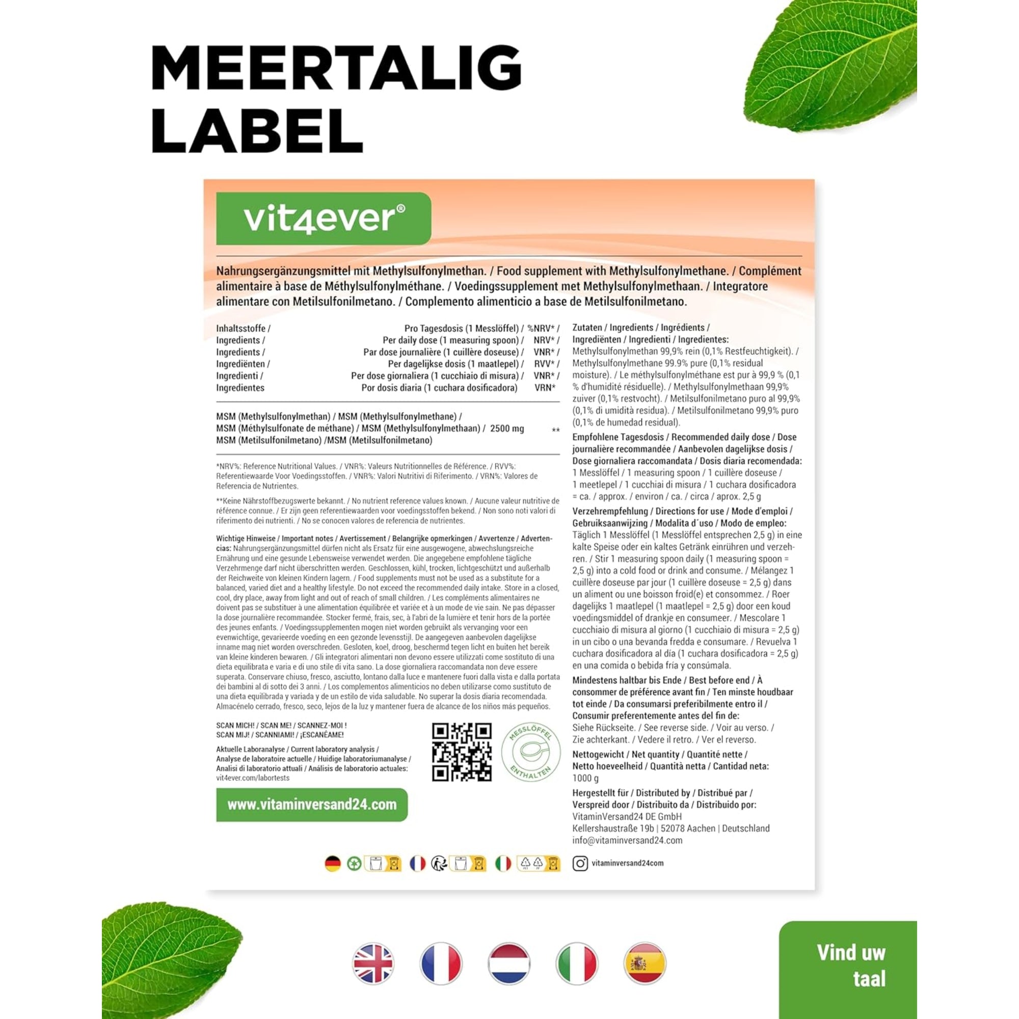 MSM-poeder | Methylsulfonylmethaam | 1 kg | 99,9% zuiver | Vit4ever