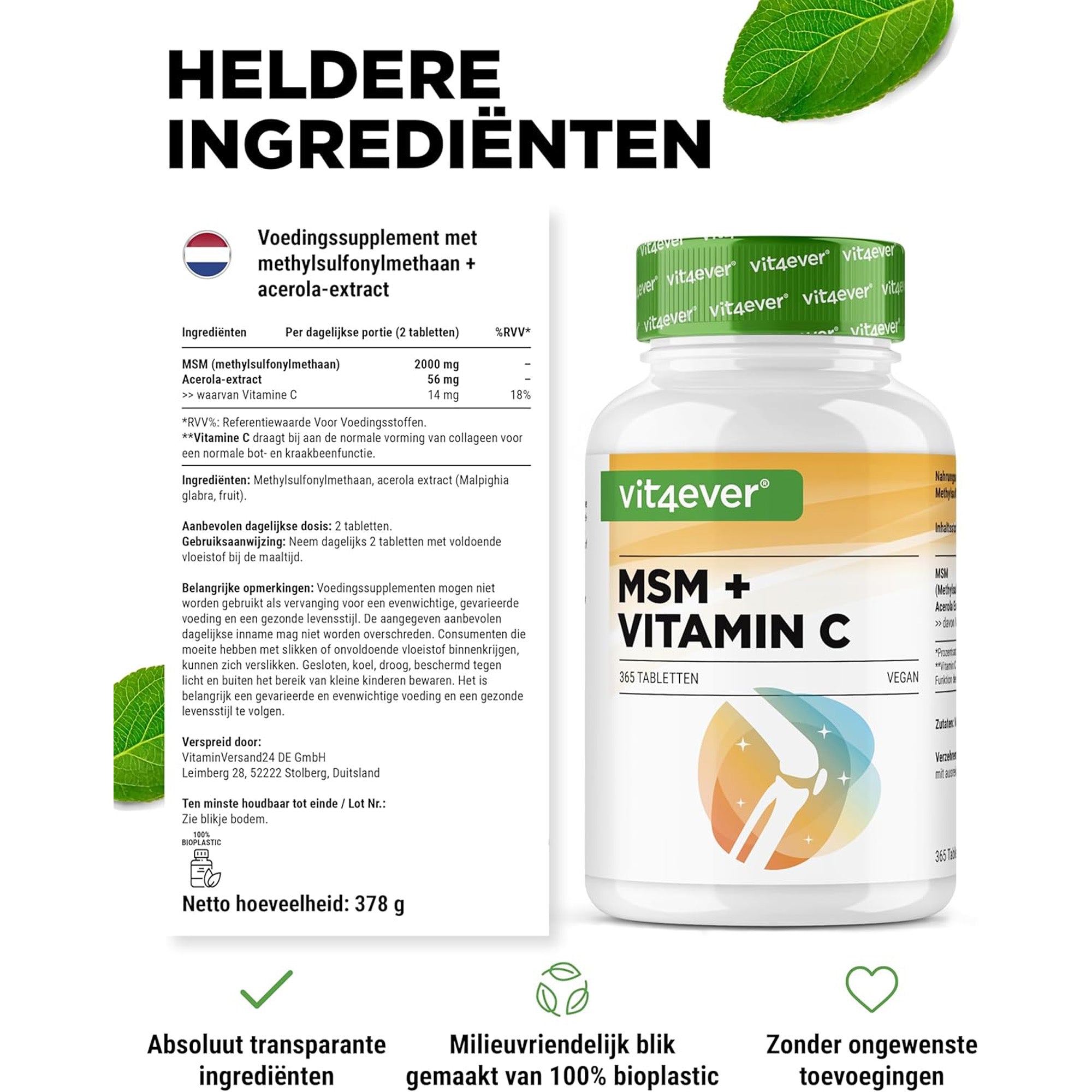MSM + Vitamine C (Methylsulfonylmethaan + Acerola extract) 2000mg | 365 tabletten | Vit4ever
