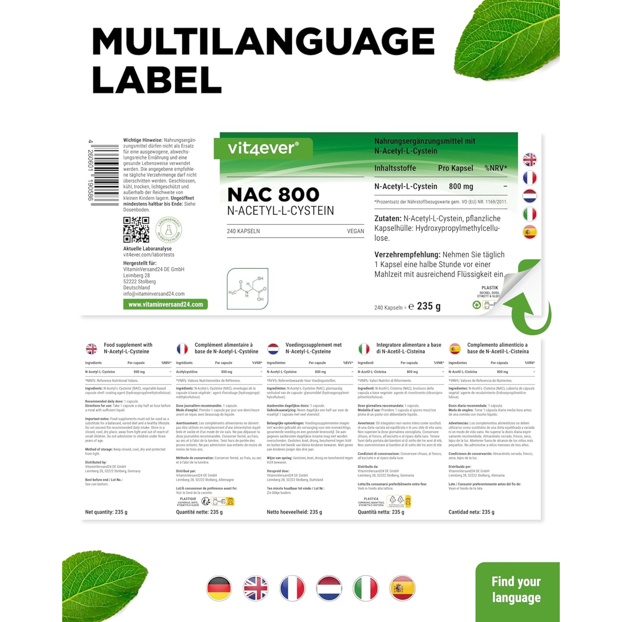 NAC | N-acetyl L-cysteine 800 mg | 240 capsules | Vit4ever
