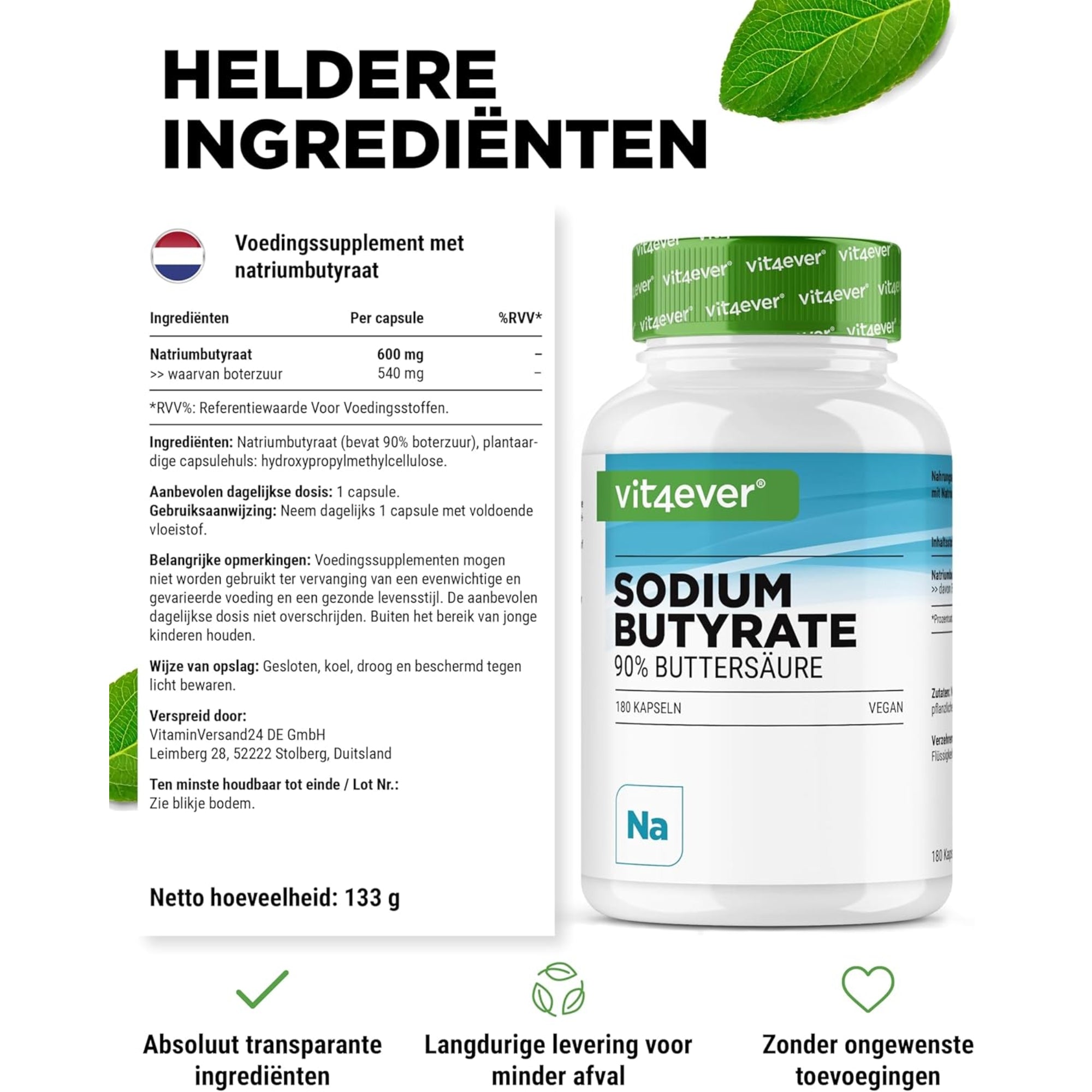 Natriumbutyraat (Butaanzuur) 90% | 180 capsules | Vit4ever