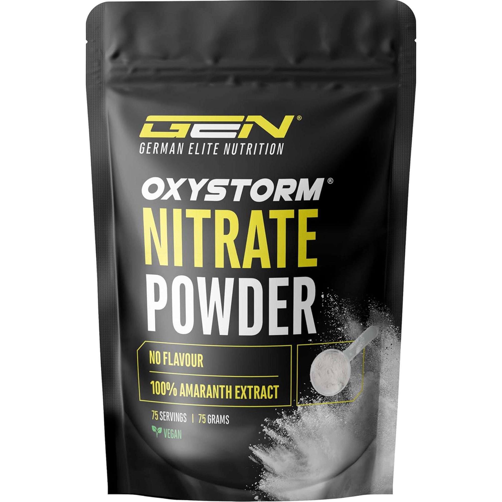 Zwarte pouchverpakking van German Elite Nutrition Oxystorm® Nitrate Powder (75 g).