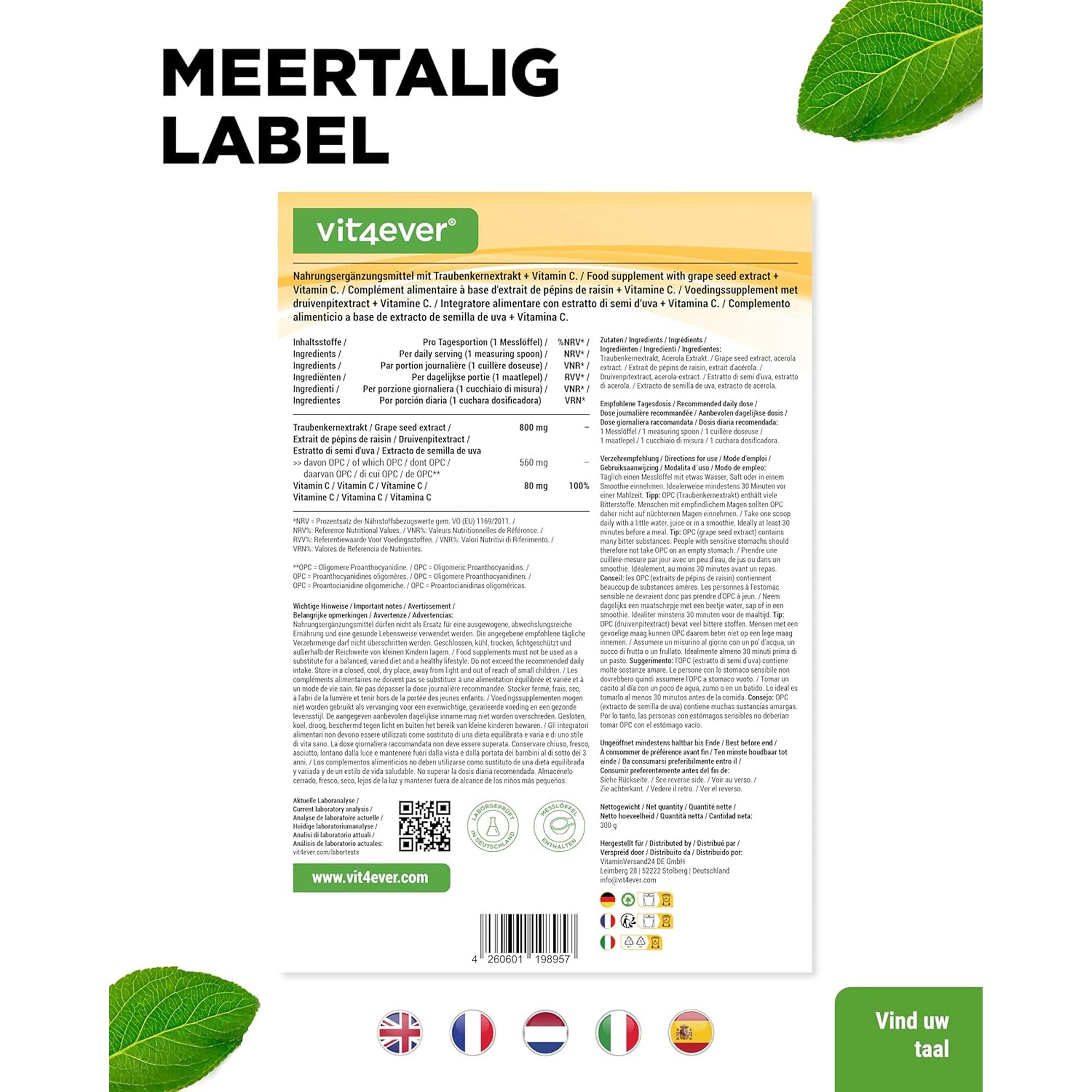 OPC Druivenpitextract + Vitamine C Poeder | 300g | Vit4ever