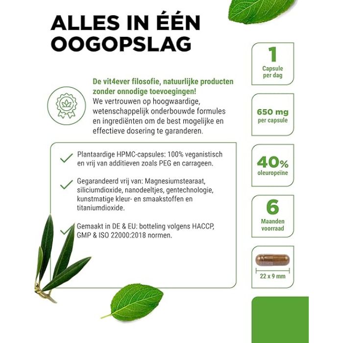 Olijfbladextract (40% Oleuropeïne) 650mg | 180 capsules | Vit4ever