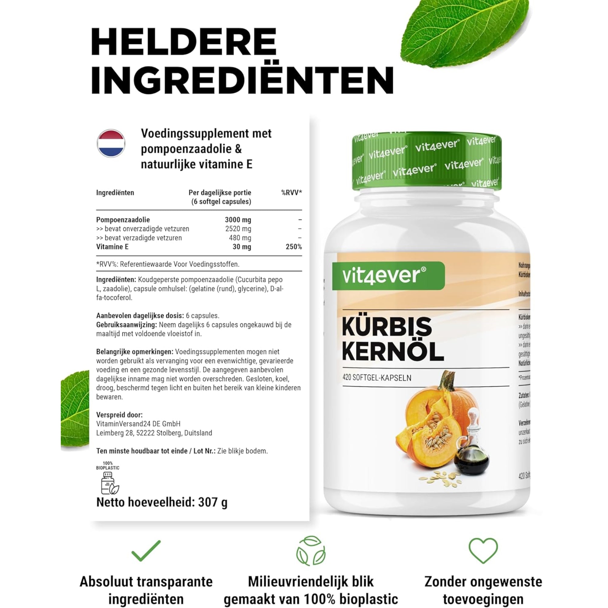 Pompoenzaadolie + natuurlijk vitamine E | 420 softgelcapsules | Vit4ever