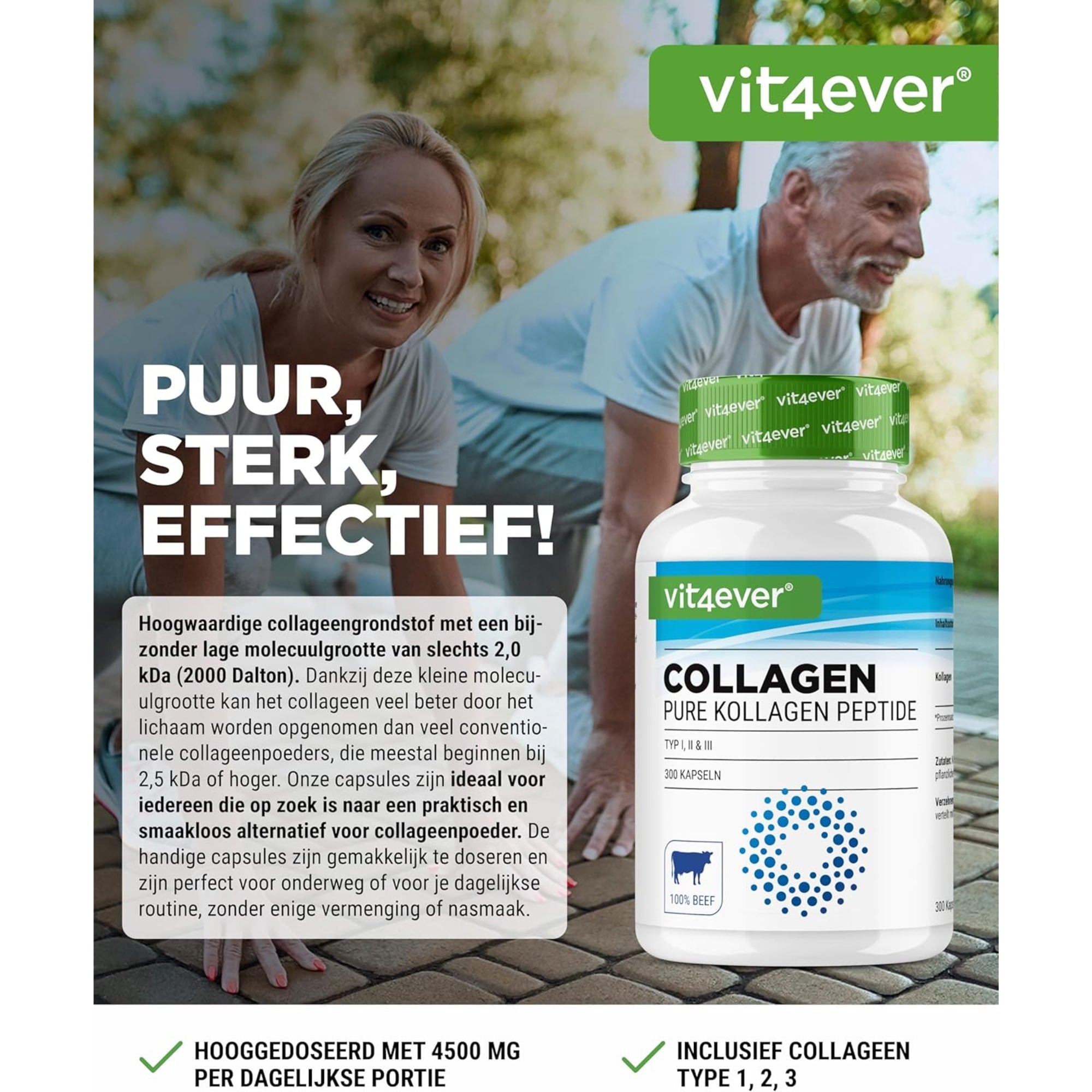 Runder collageen 4500 mg | 300 capsules | Type 1, 2 & 3 | Vit4ever