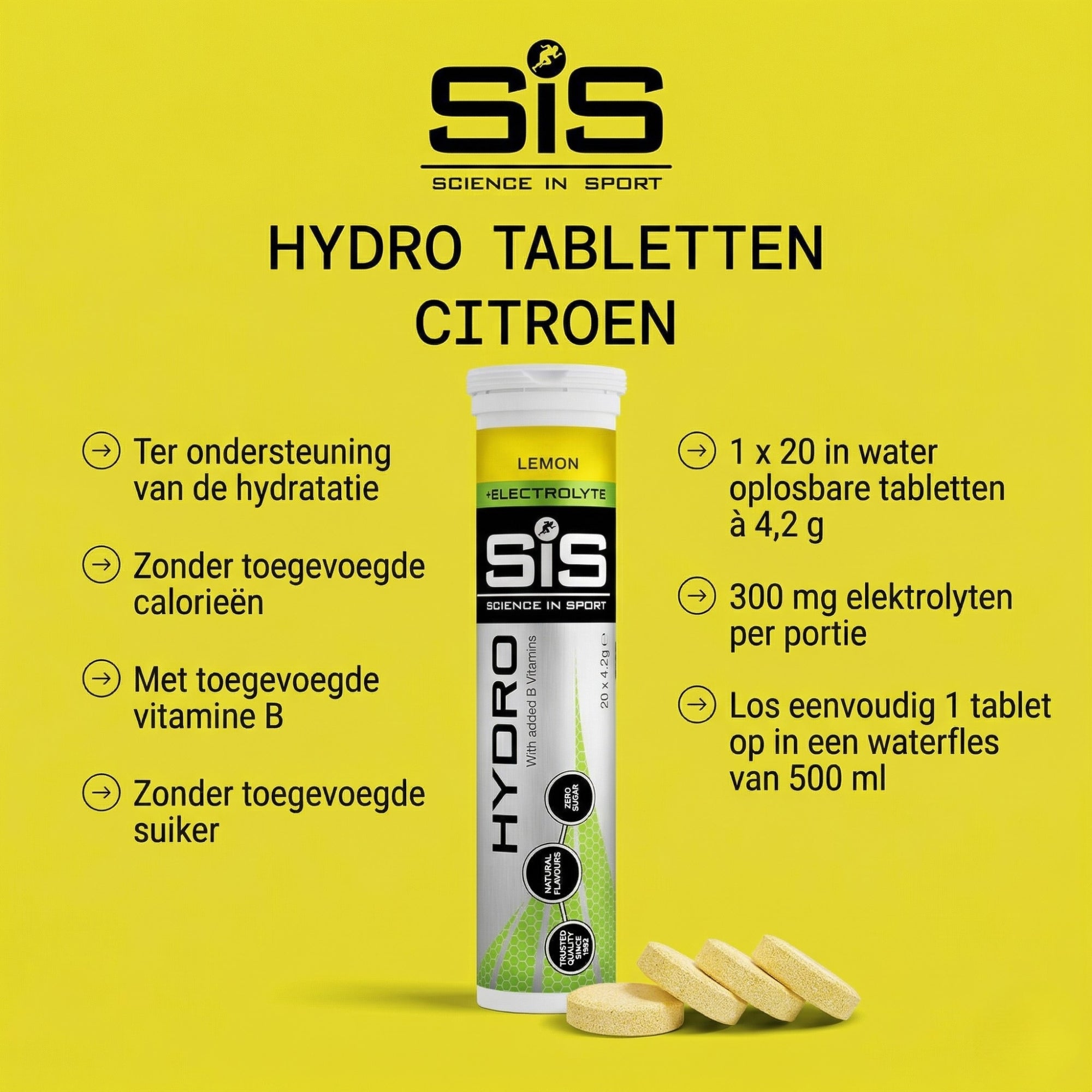 Gebruiksaanwijzing SiS Hydro Tablets - 345mg natrium, 65mg kalium, 102mg calcium en 8,1mg magnesium per portie