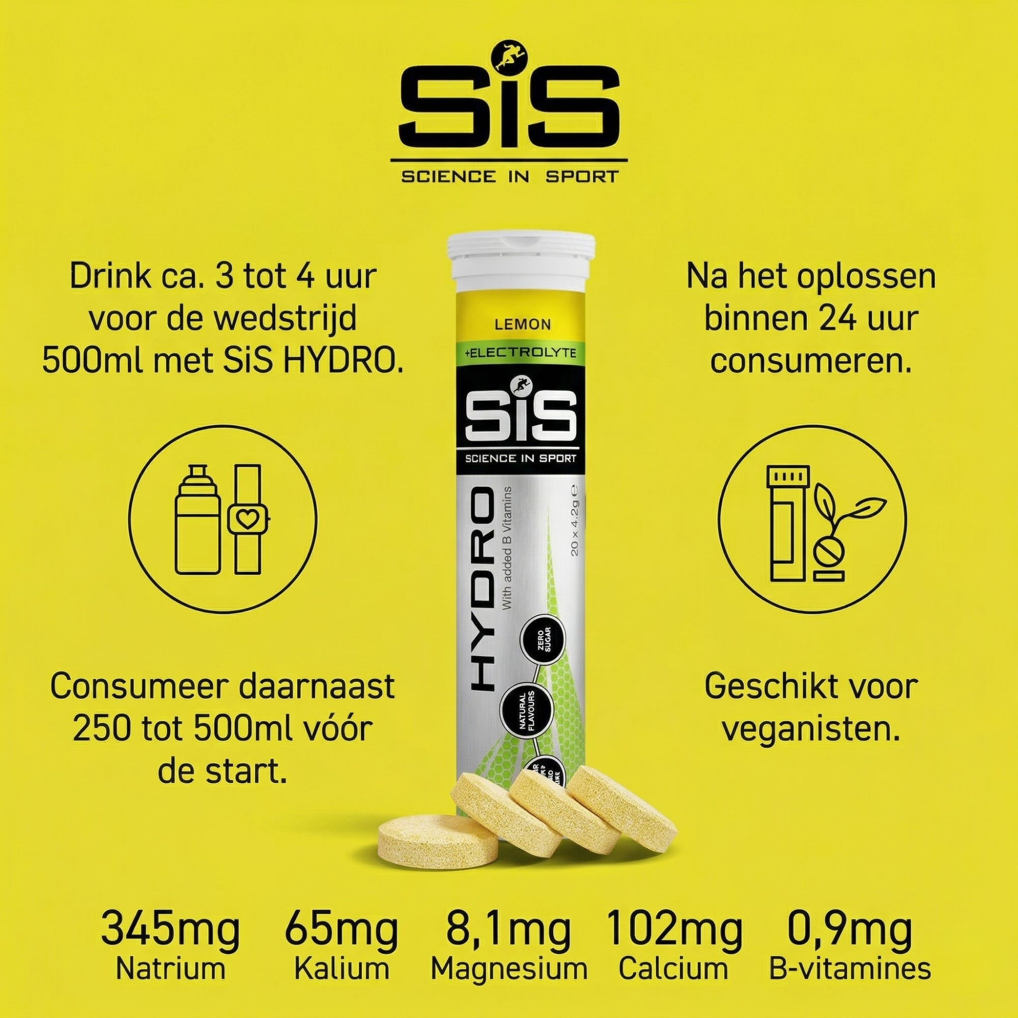 SiS Hydro Tablets Lemon infographic - 300mg elektrolyten per tablet, zonder calorieën en suikers