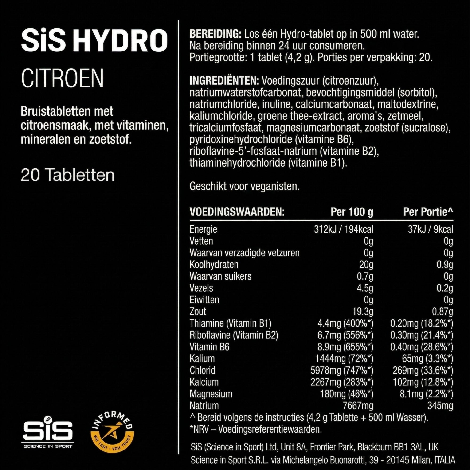 Voedingswaarden SiS Hydro Tablets Lemon - ingrediëntenlijst met vitamine B1 B2 B6 en mineralen