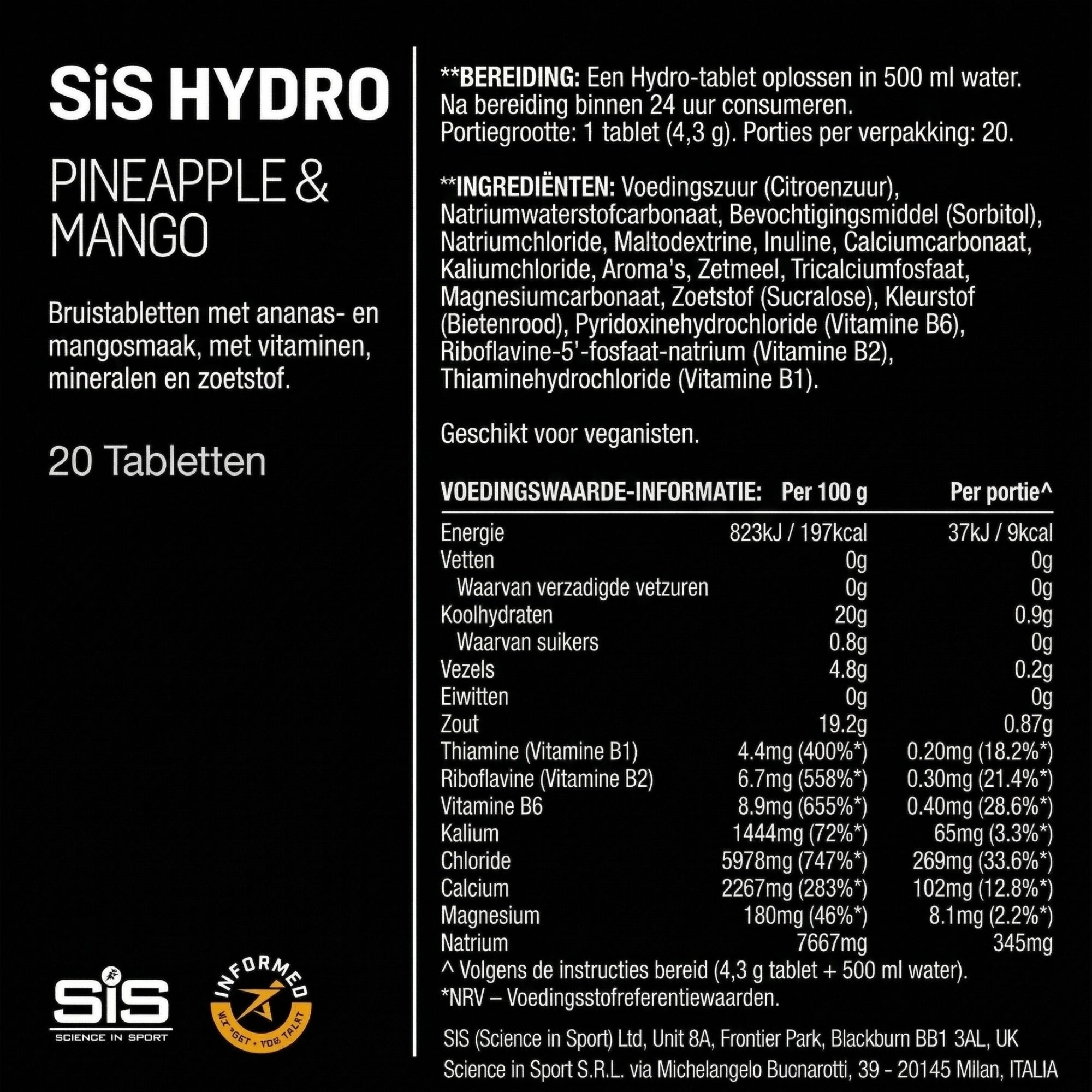 Voedingswaarden SiS Hydro Tablets Pineapple & Mango - ingrediëntenlijst met vitamine B1 B2 B6 en mineralen