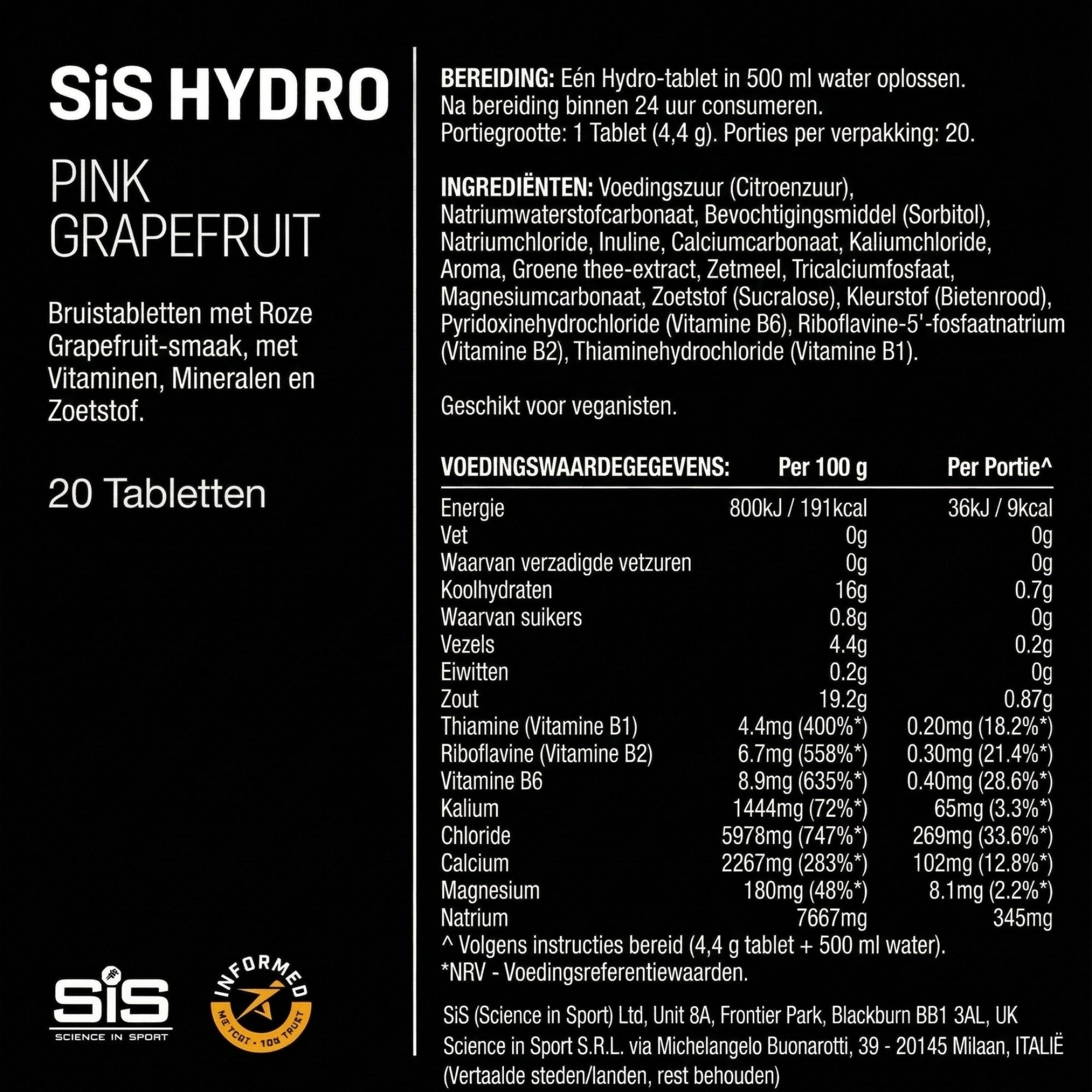 Voedingswaarden SiS Hydro Tablets Pink Grapefruit - ingrediëntenlijst met vitamine B1 B2 B6 en mineralen