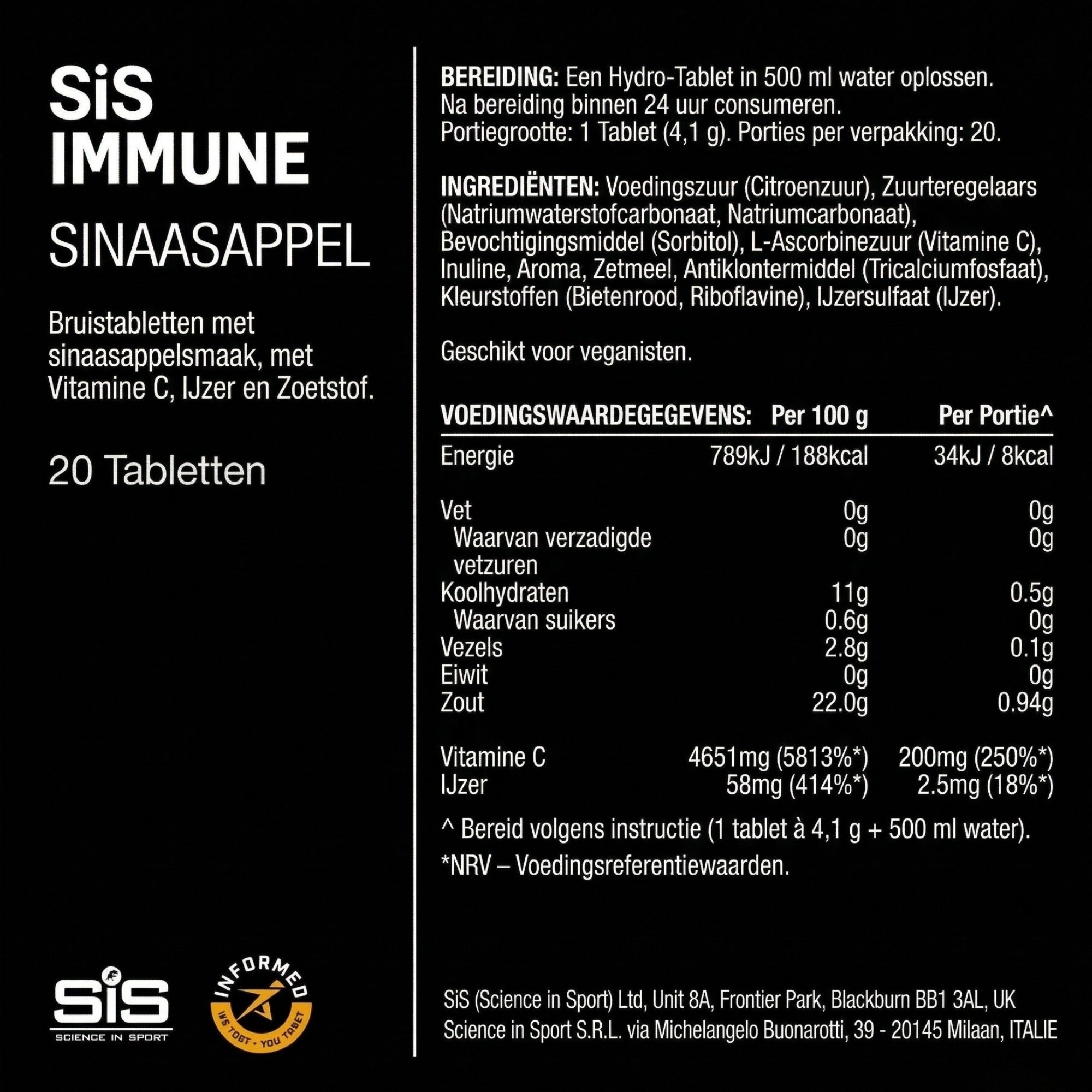 Voedingswaarden SiS Hydro Tablets - 20 bruistabletten met vitaminen en mineralen per verpakking