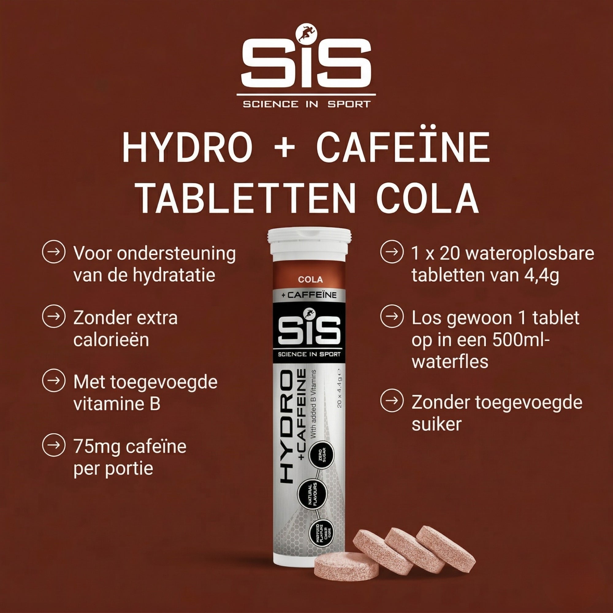 Gebruiksaanwijzing SiS Hydro Tablets - 345mg natrium, 65mg kalium, 102mg calcium en 8,1mg magnesium per portie