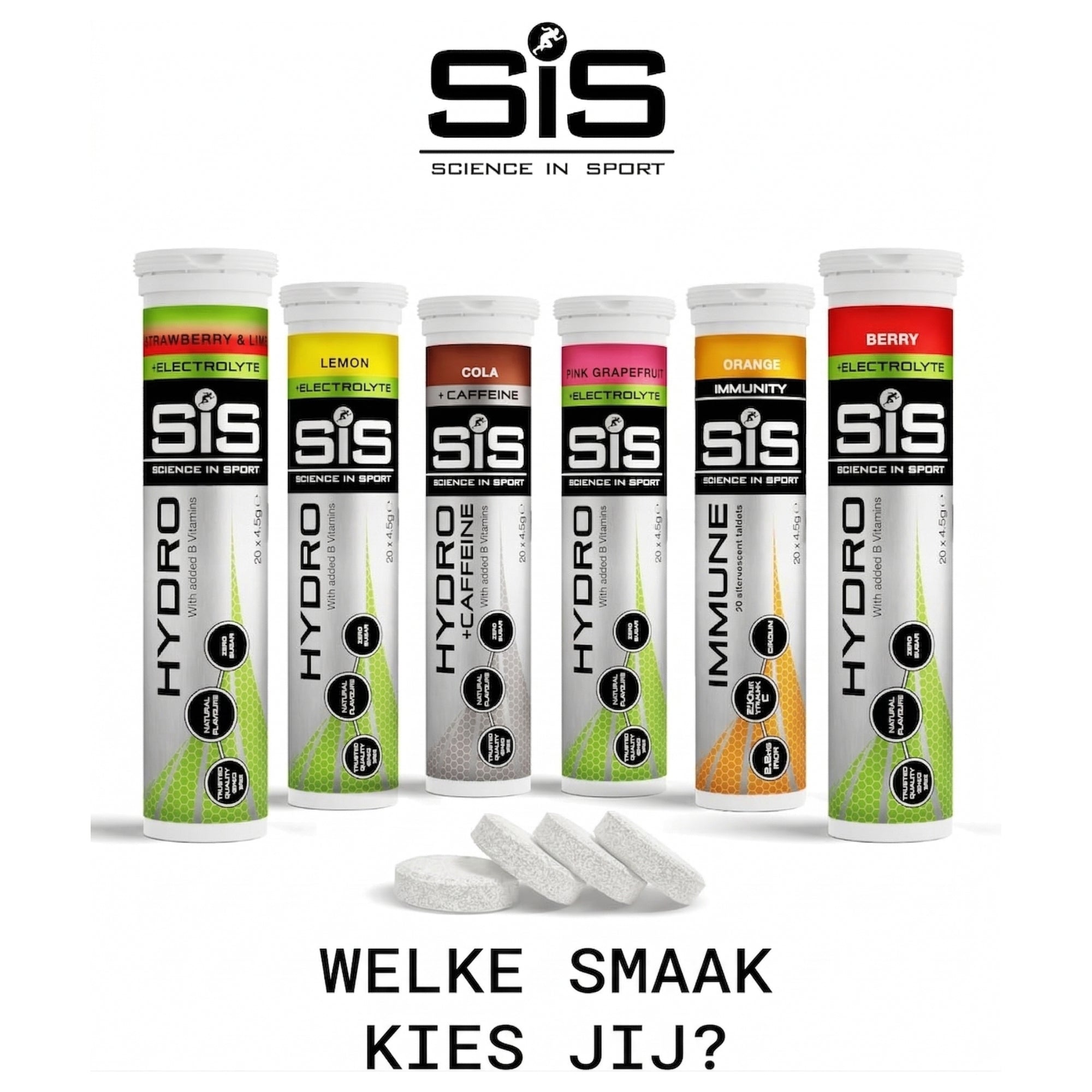 SiS Hydro assortiment elektrolyten bruistabletten - alle smaken inclusief Hydro, Hydro+Caffeine en Immune