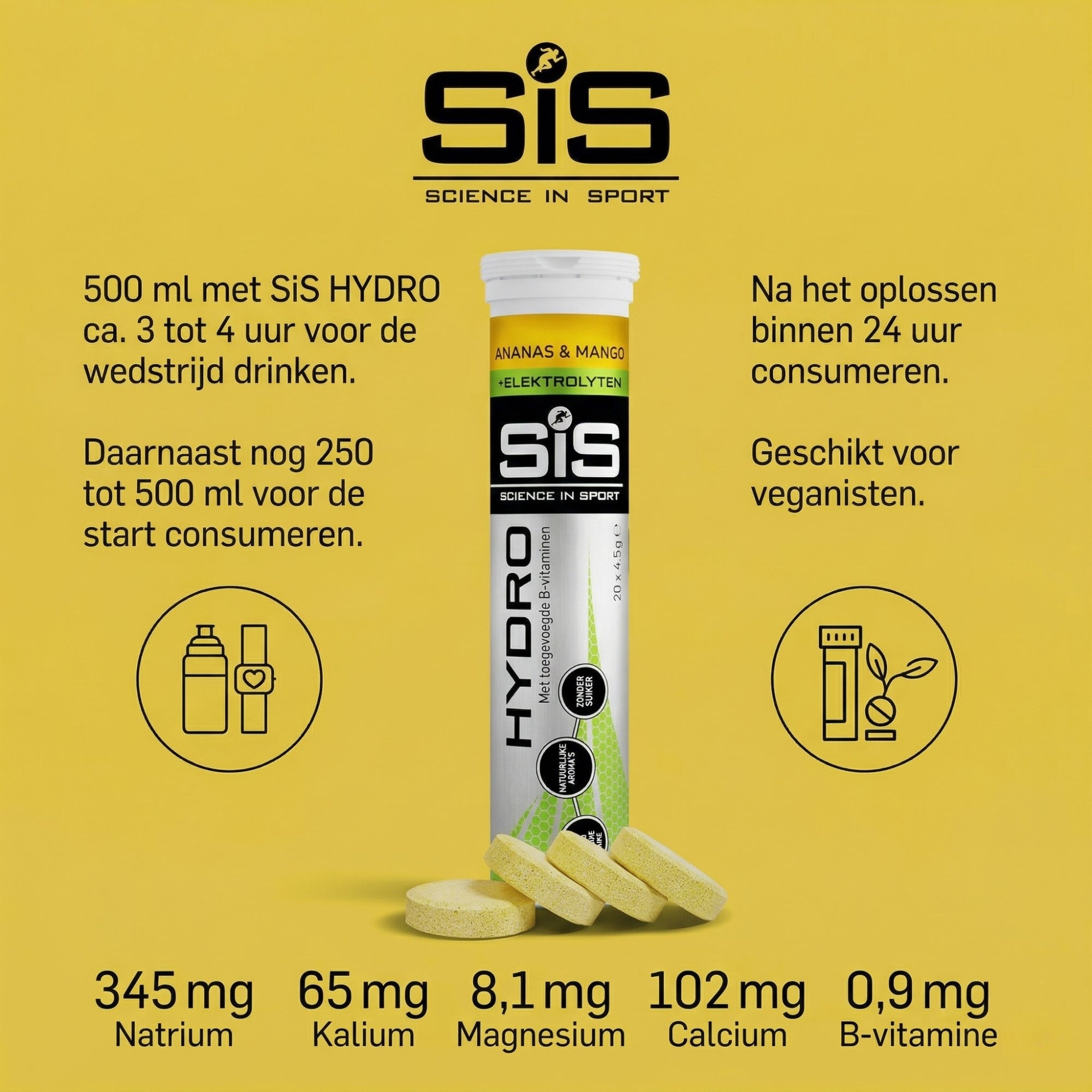 Gebruiksaanwijzing SiS Hydro Tablets - 345mg natrium, 65mg kalium, 102mg calcium en 8,1mg magnesium per portie