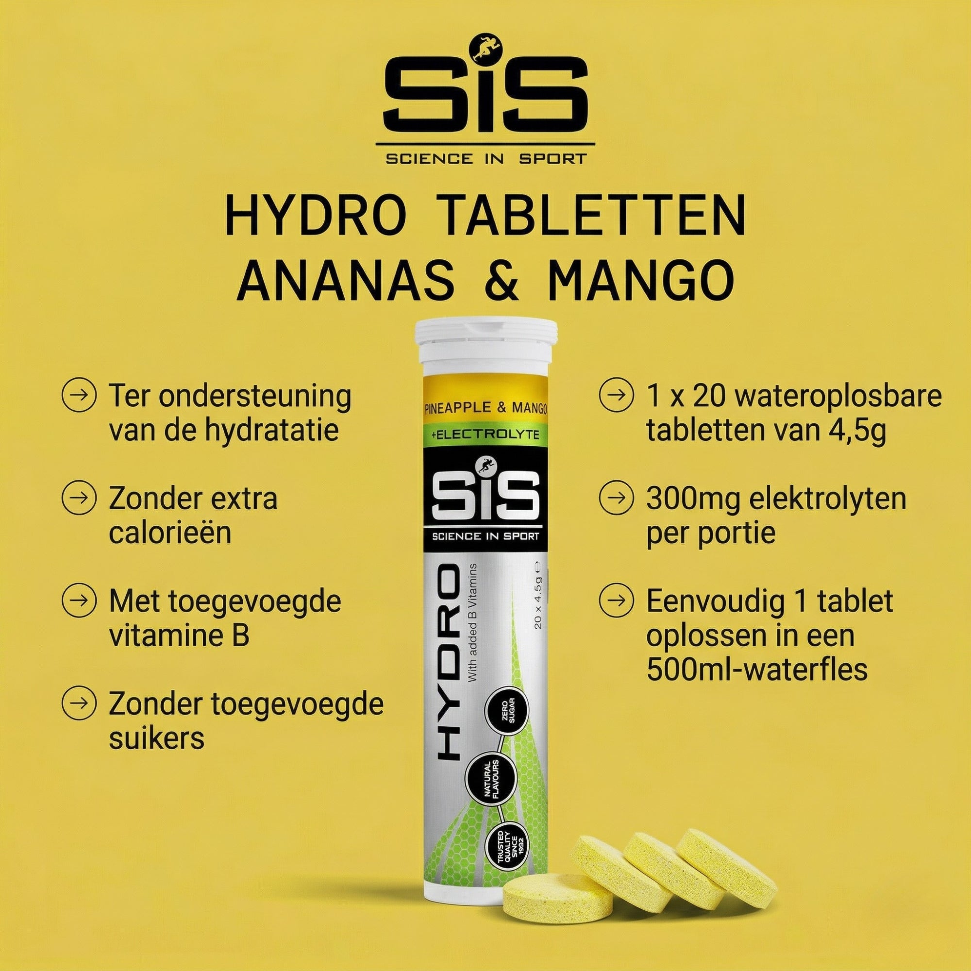 SiS Hydro Tablets Ananas Mango infographic - 300mg elektrolyten per tablet, zonder calorieën en suikers