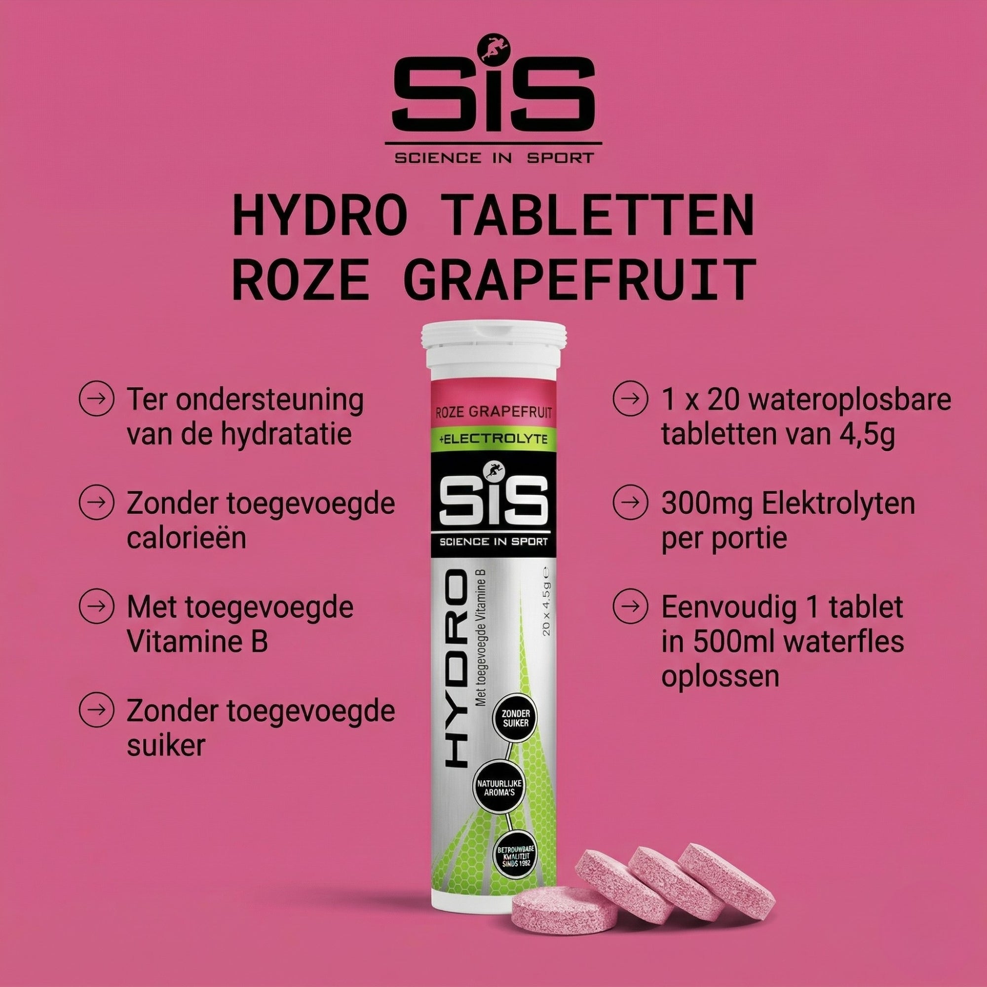 Gebruiksaanwijzing SiS Hydro Tablets - 345mg natrium, 65mg kalium, 102mg calcium en 8,1mg magnesium per portie