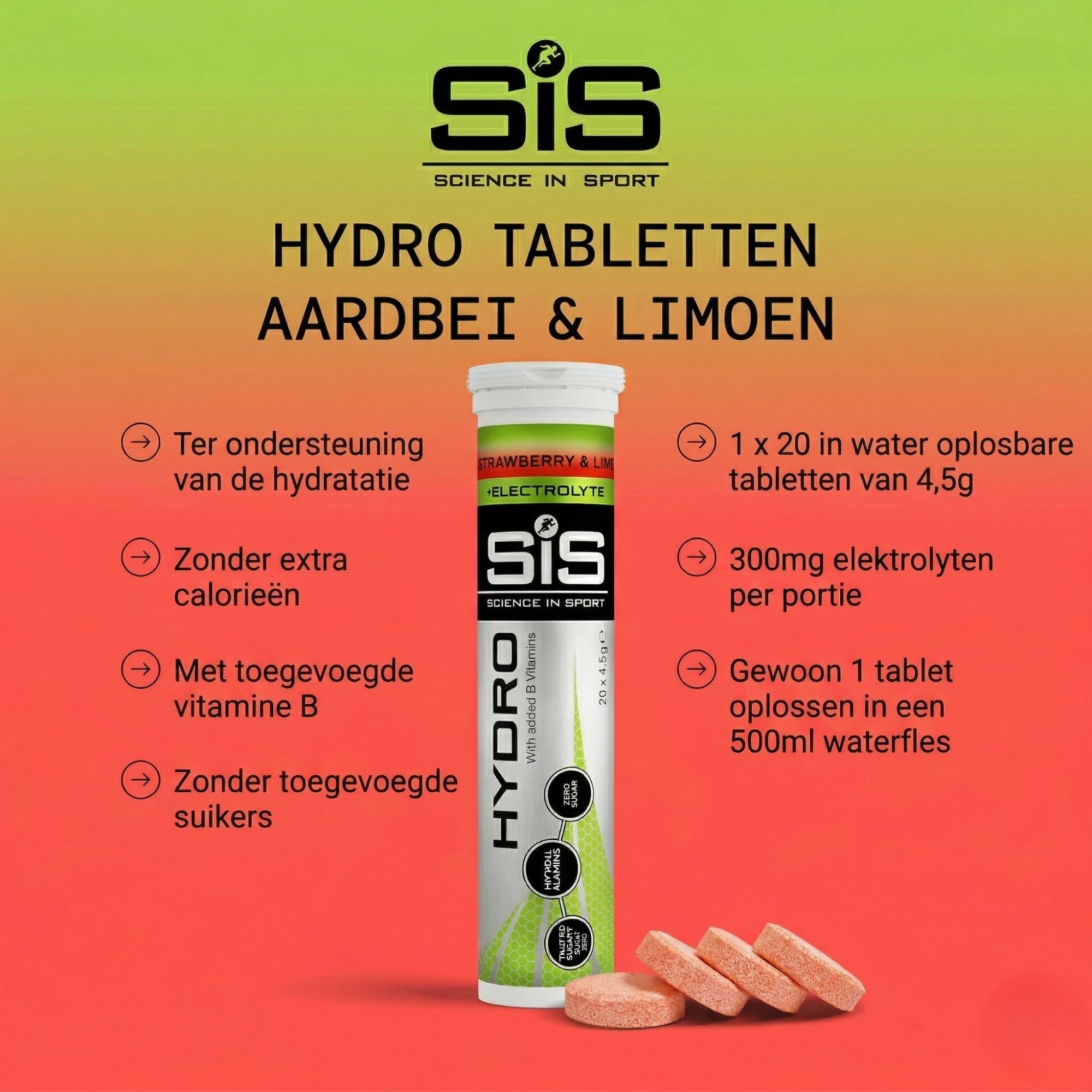 Gebruiksaanwijzing SiS Hydro Tablets - 345mg natrium, 65mg kalium, 102mg calcium en 8,1mg magnesium per portie