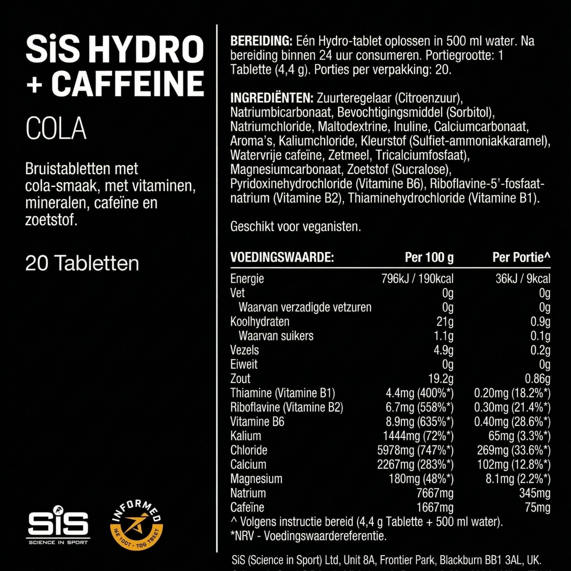 Voedingswaarden SiS Hydro Tablets Cola + Caffeine - ingrediëntenlijst met vitamine B1 B2 B6 en mineralen