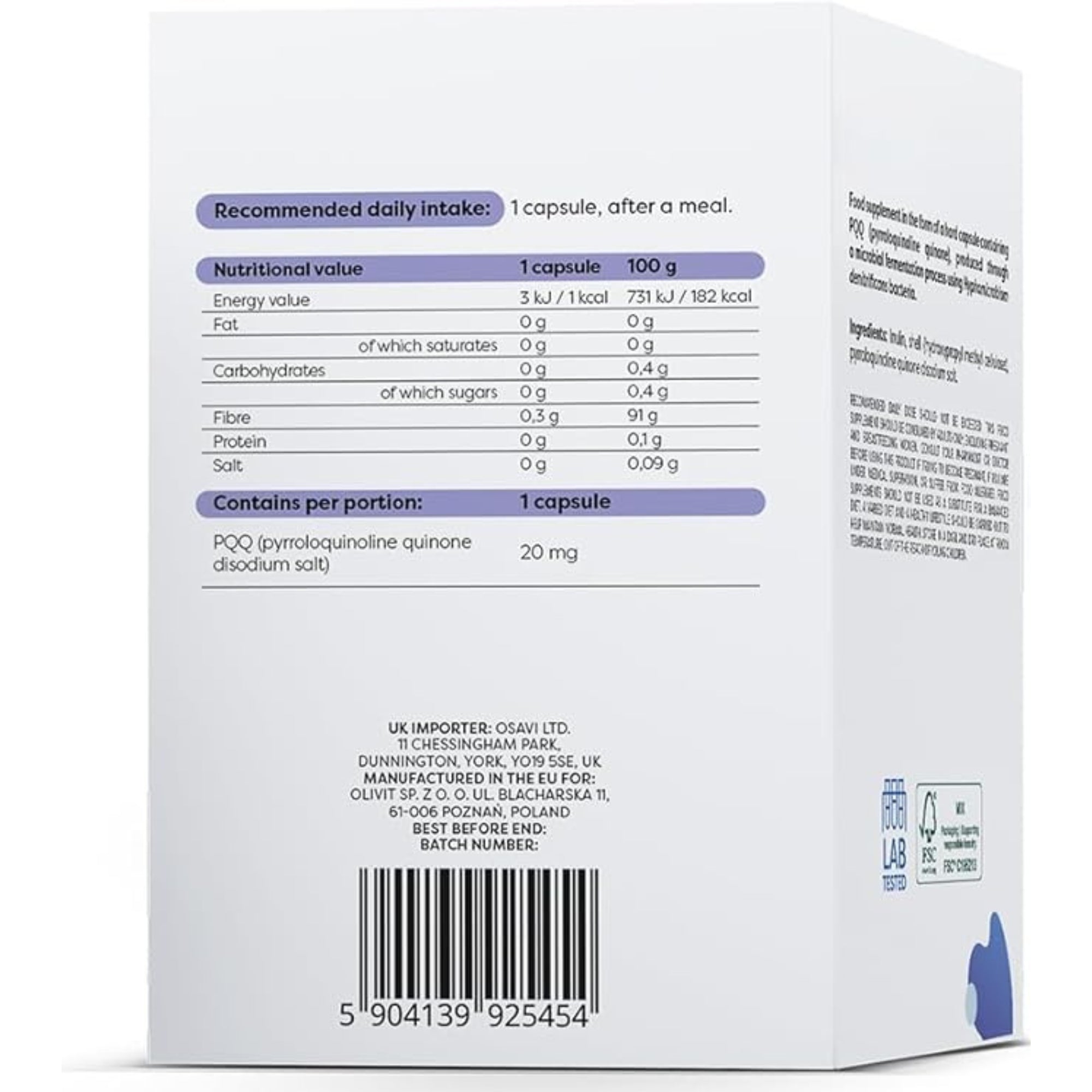 Pyrroloquinolinequinone (PQQ) 20mg | 60 Capsules | Osavi