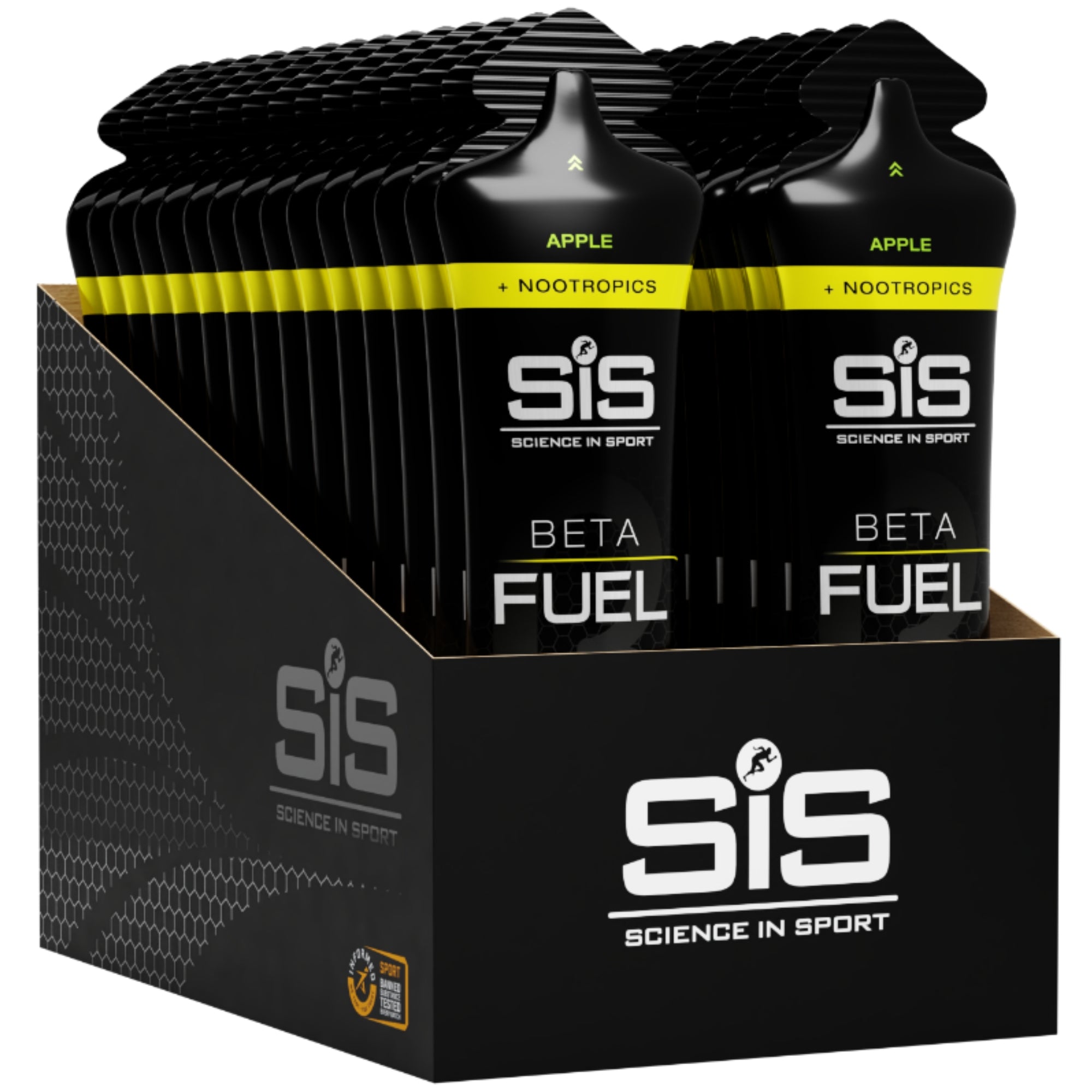 #inhoud_30_stuks Doos met 30 stuks SiS Beta Fuel Gels + Nootropics in de smaak appel (Apple).