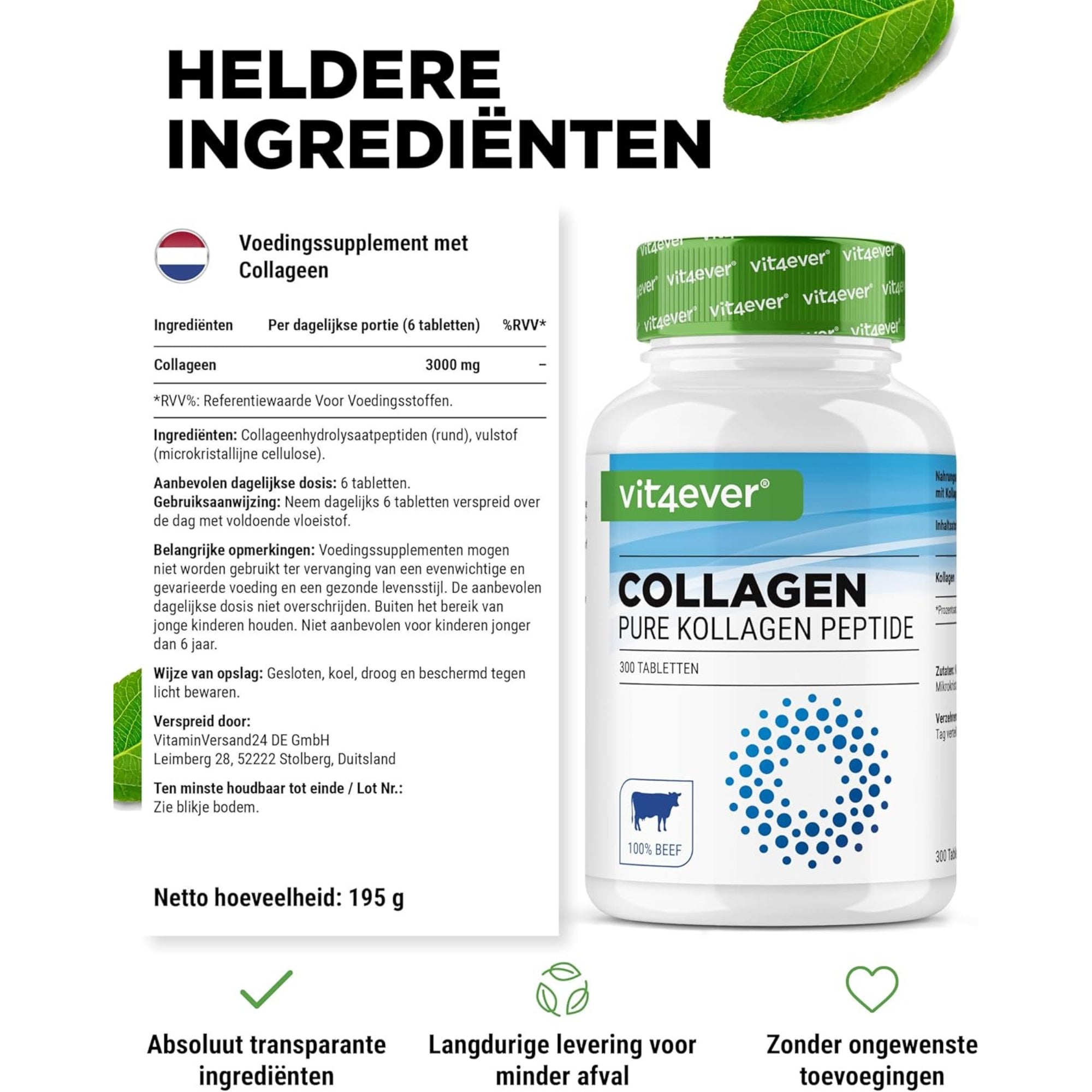 Rinderkollagen 3000 mg | 300 Tabletten | Typ 1, 2 &amp; 3 | Vit4ever