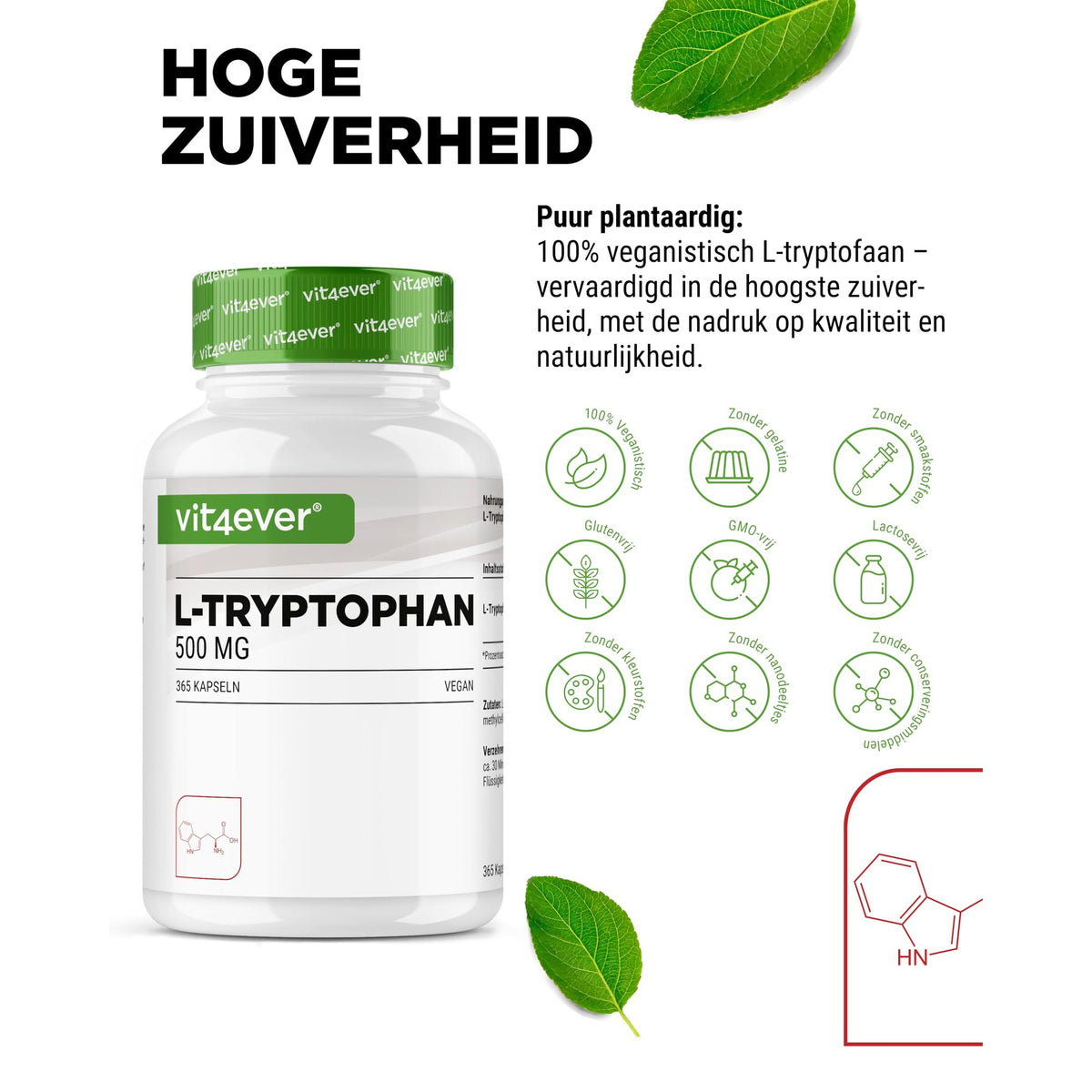Vit4ever L-Tryptofaan 500mg - hoge zuiverheid, 100% vegan