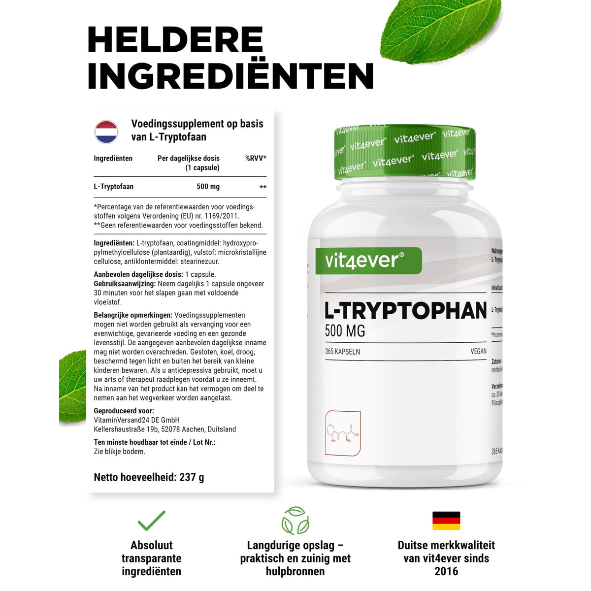 Vit4ever L-Tryptofaan 500mg - ingrediënten en etiket