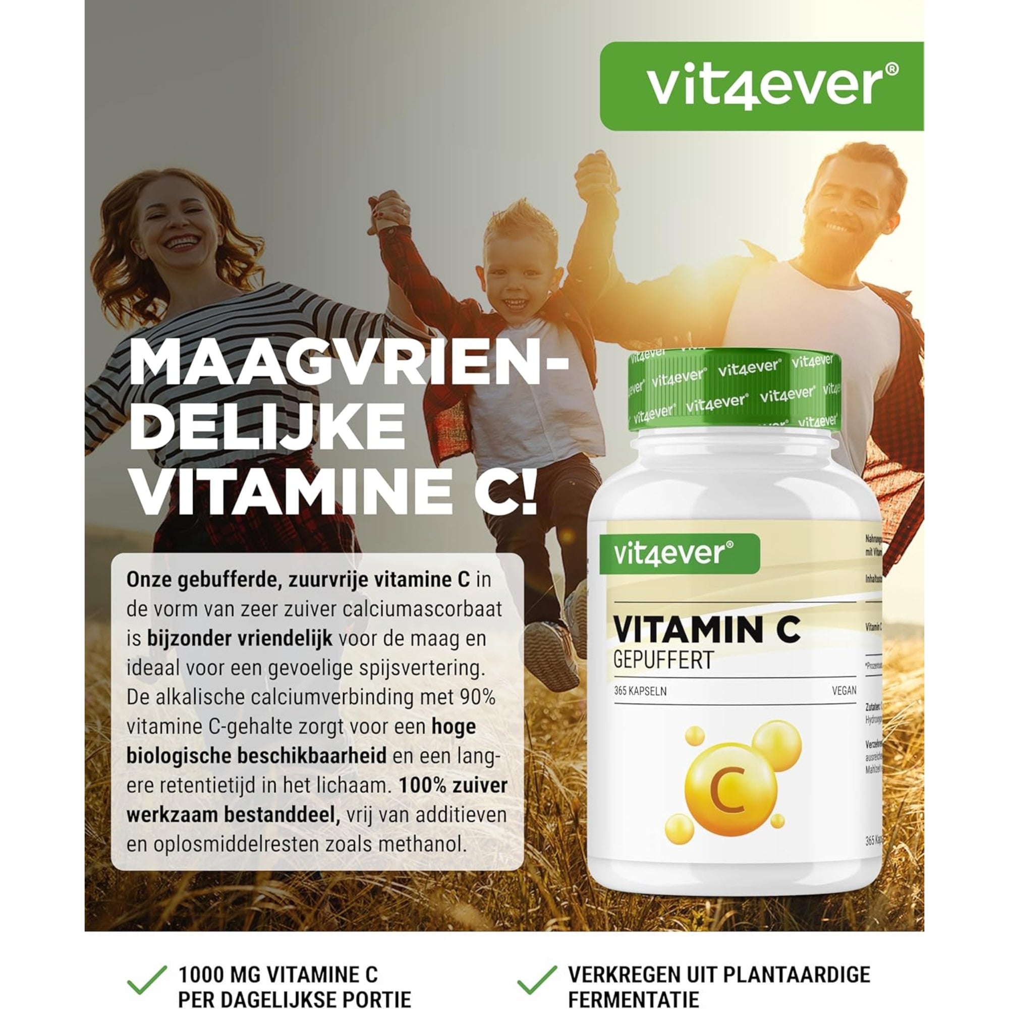 Gebufferde Vitamine C | 1000mg | 365 Capsules | Plantaardige fermentatie | pH Neutraal | Vit4ever