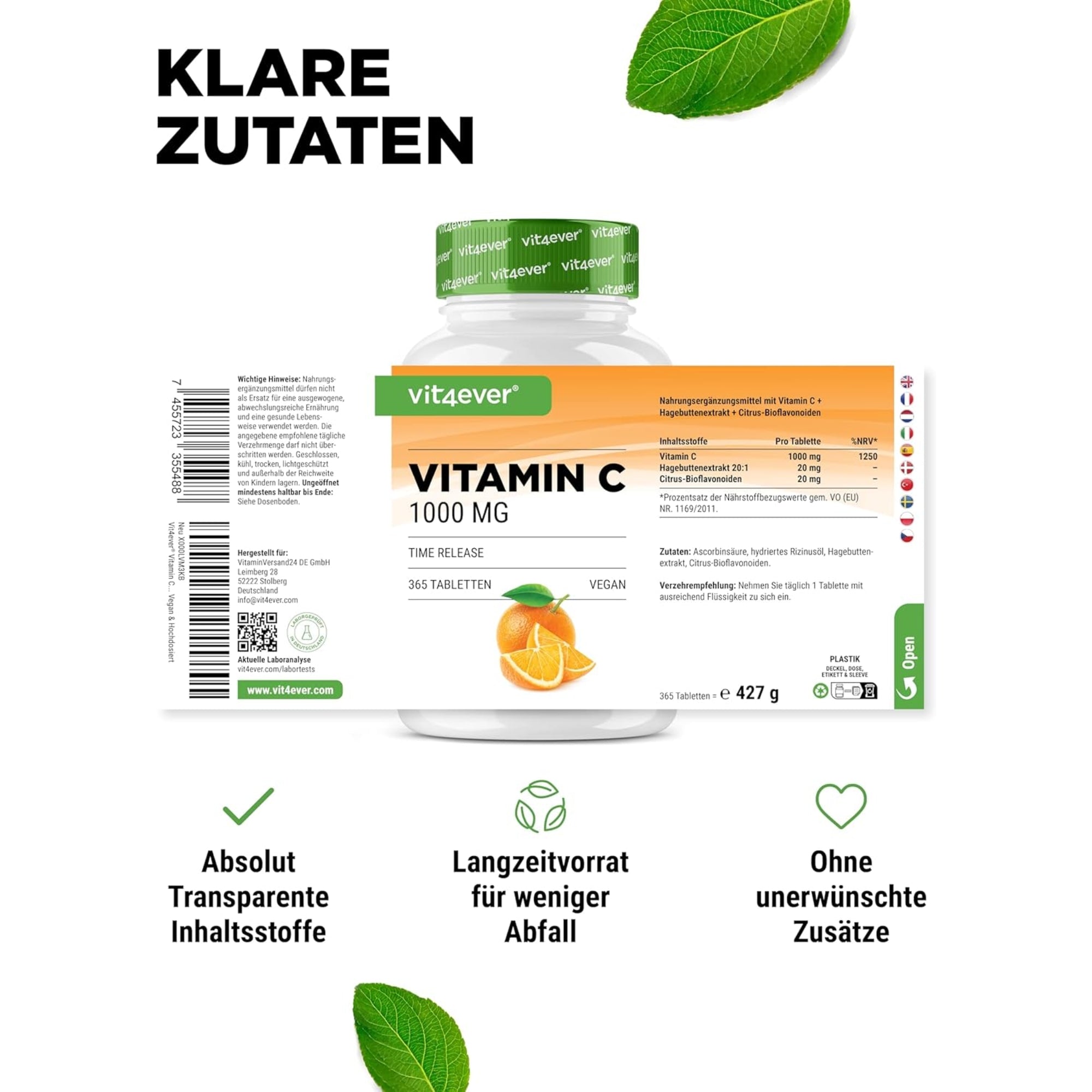Vitamin C + Hagebuttenextrakt + Citrus-Bioflavonoide | 1000 mg | 365 Tabletten | Vit4ever