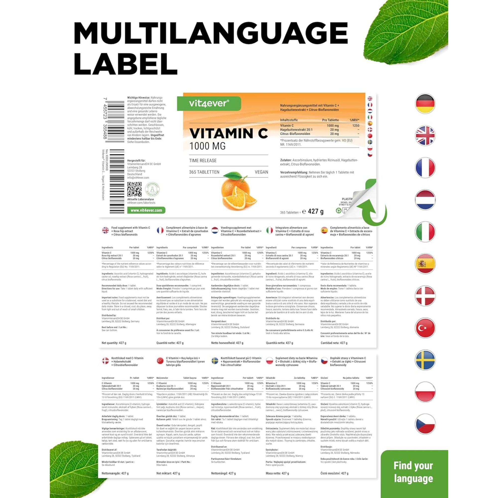 Vitamin C + Hagebuttenextrakt + Citrus-Bioflavonoide | 1000 mg | 365 Tabletten | Vit4ever