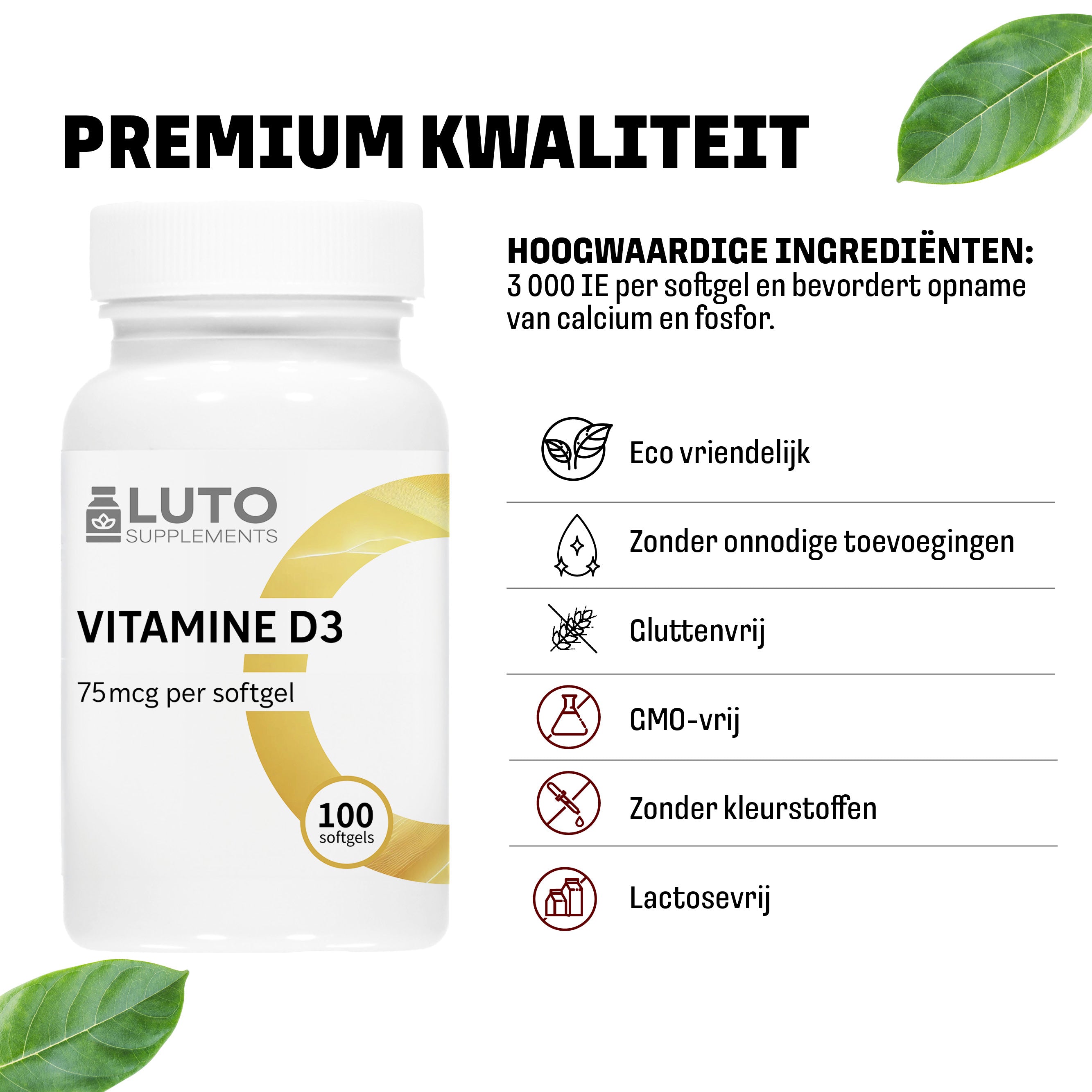 Vitamine D3 (Cholecalciferol) 75mcg (3000 IU) | 100 softgels | LUTO Supplements