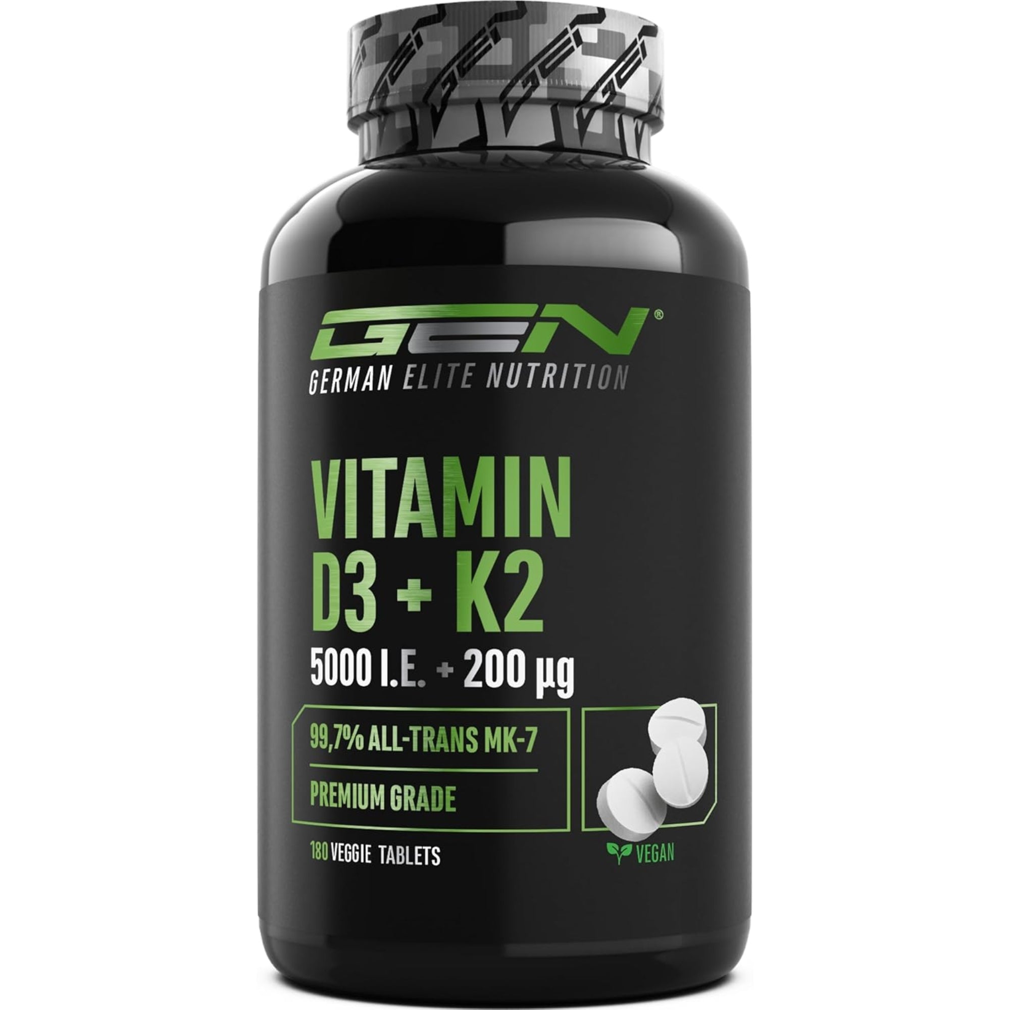 GEN German Elite Nutrition Vitamine D3 + K2 180 tabletten pot vooraanzicht – 5000 IE + 200 μg, 99,7% All-Trans MK-7, premium grade, vegan