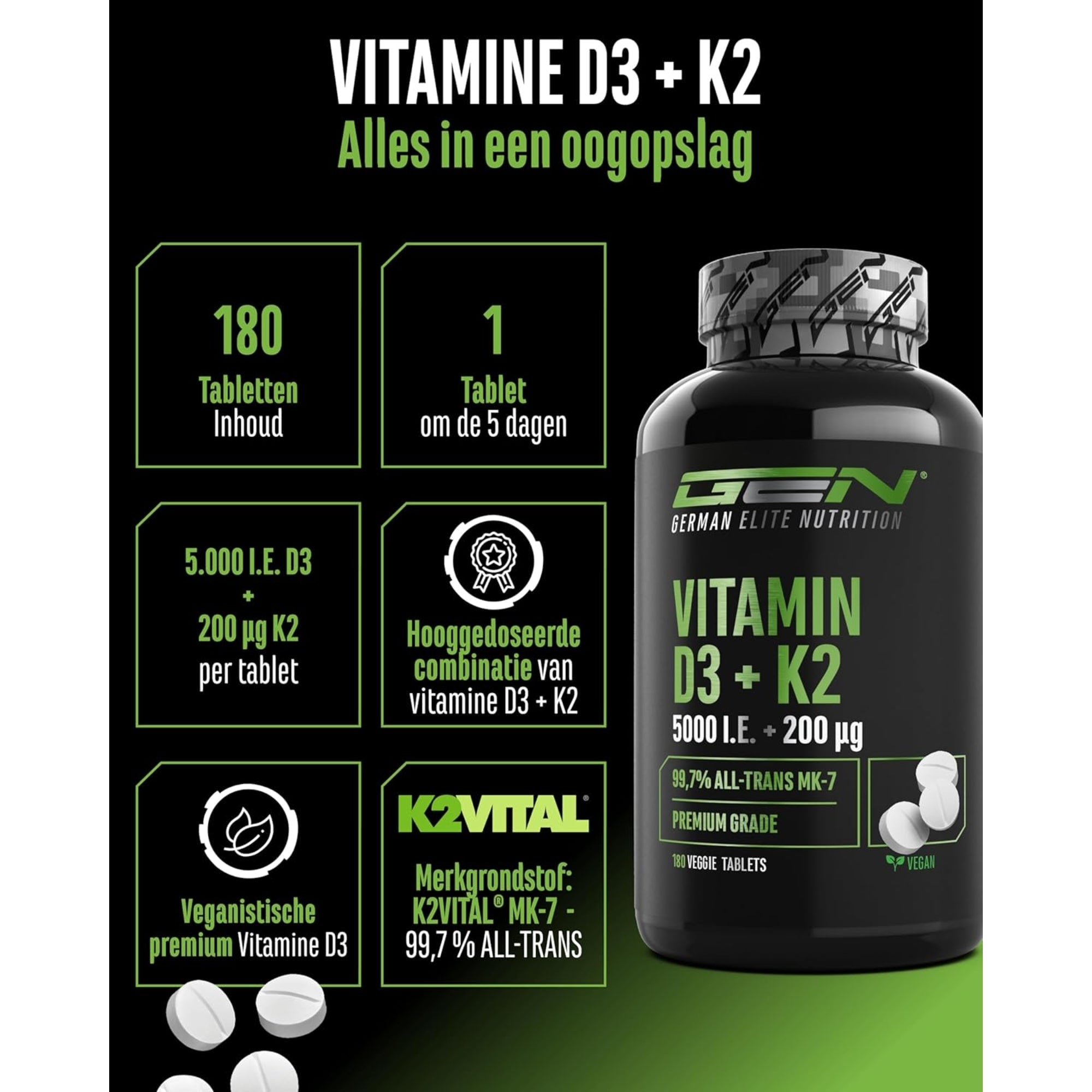Infographic Vitamine D3 + K2 – 180 tabletten inhoud, 1 tablet om de 5 dagen, 5000 IE D3 + 200 μg K2 per tablet, K2VITAL merkgrondstof, veganistisch