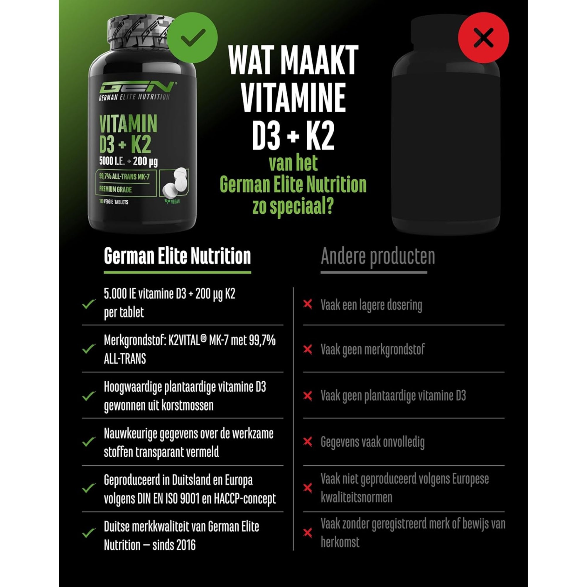 Vergelijking GEN Vitamine D3 + K2 versus andere producten – hogere dosering, K2VITAL MK-7 merkgrondstof, plantaardige D3, transparante samenstelling, geproduceerd volgens EU-normen