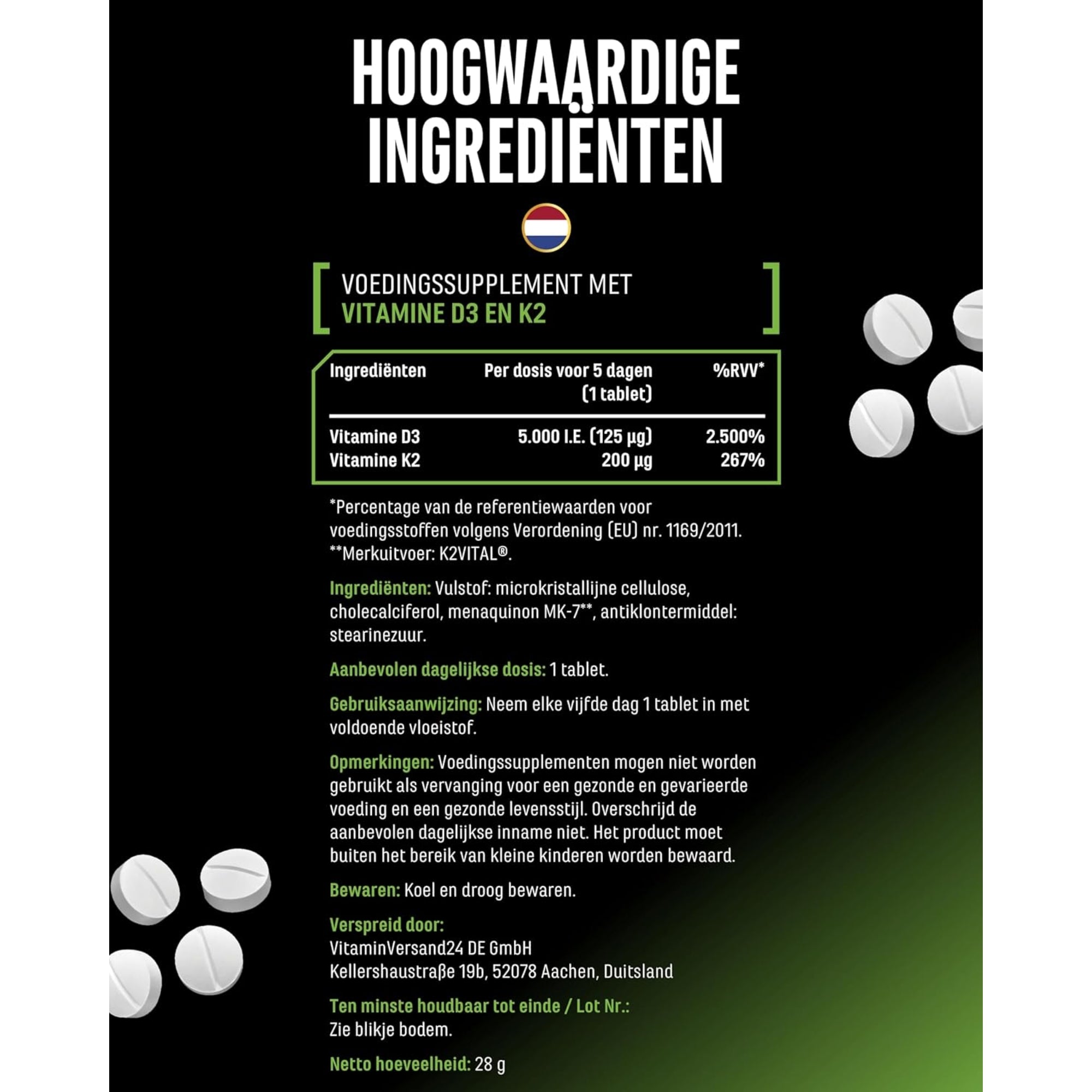 Voedingswaardentabel Vitamine D3 + K2 in het Nederlands – 5000 IE D3 en 200 μg K2 per tablet, volledige ingrediëntenlijst en gebruiksaanwijzing