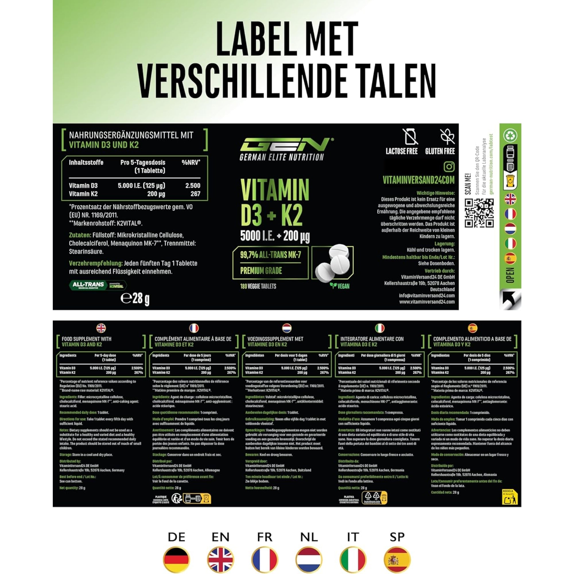 Productetiket Vitamine D3 + K2 uitgevouwen in zes talen: Duits, Engels, Frans, Nederlands, Italiaans en Spaans