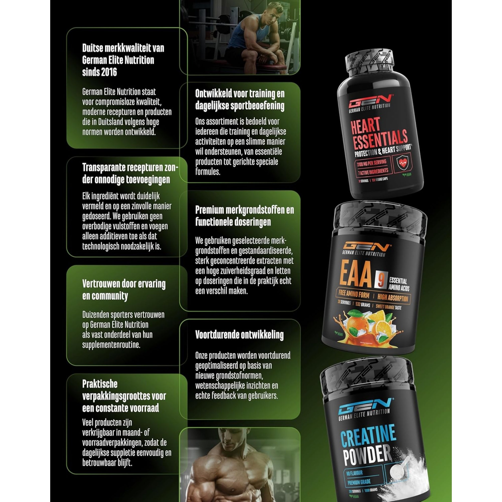 German Elite Nutrition merkinformatie – kwaliteit sinds 2016, transparante recepturen zonder onnodige toevoegingen, premium merkgrondstoffen en functionele doseringen