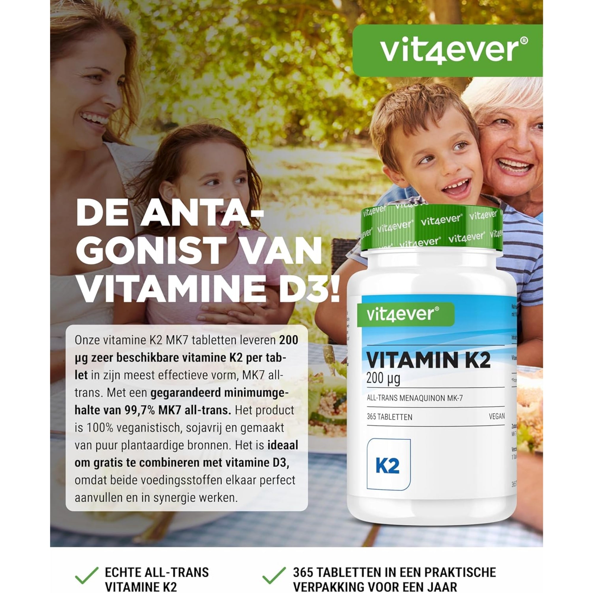 Vitamine K2 (Menaquinon MK-7, All-Trans) 200mcg | 365 tabletten | Vit4ever