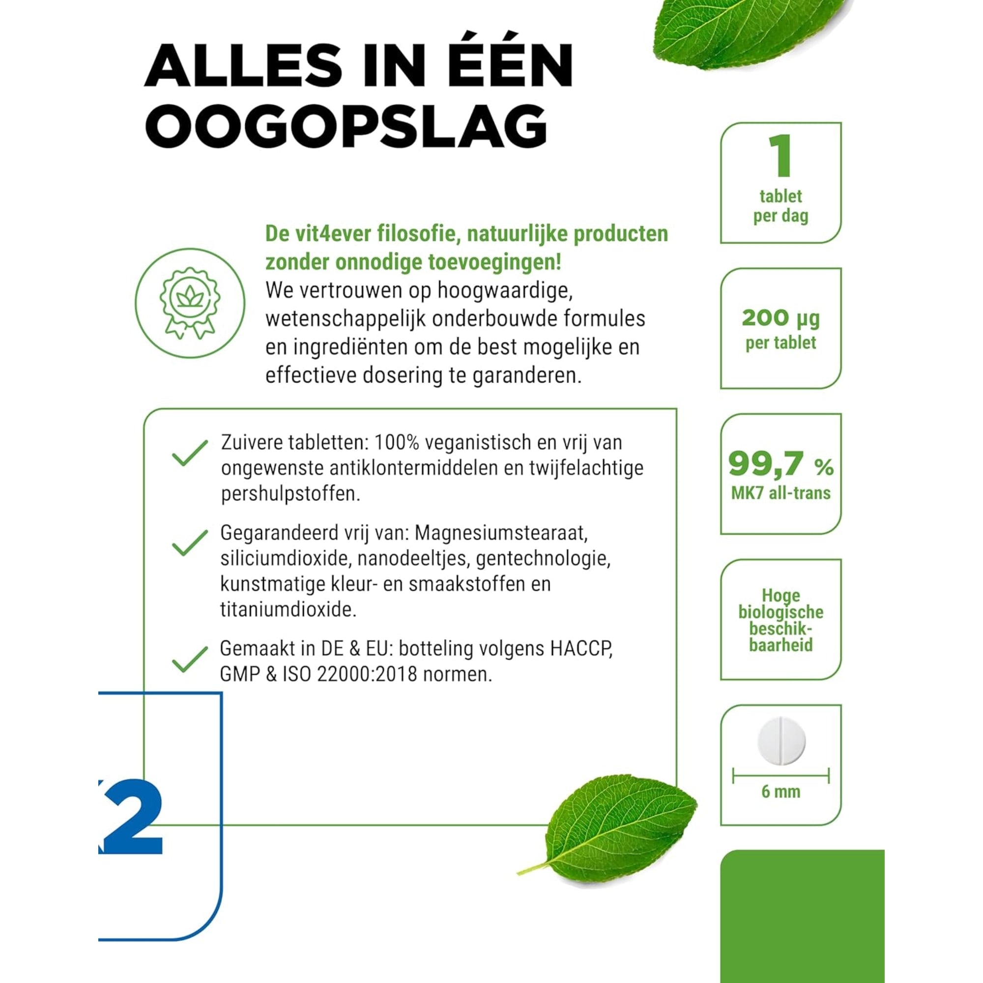 Vitamine K2 (Menaquinon MK-7, All-Trans) 200mcg | 365 tabletten | Vit4ever