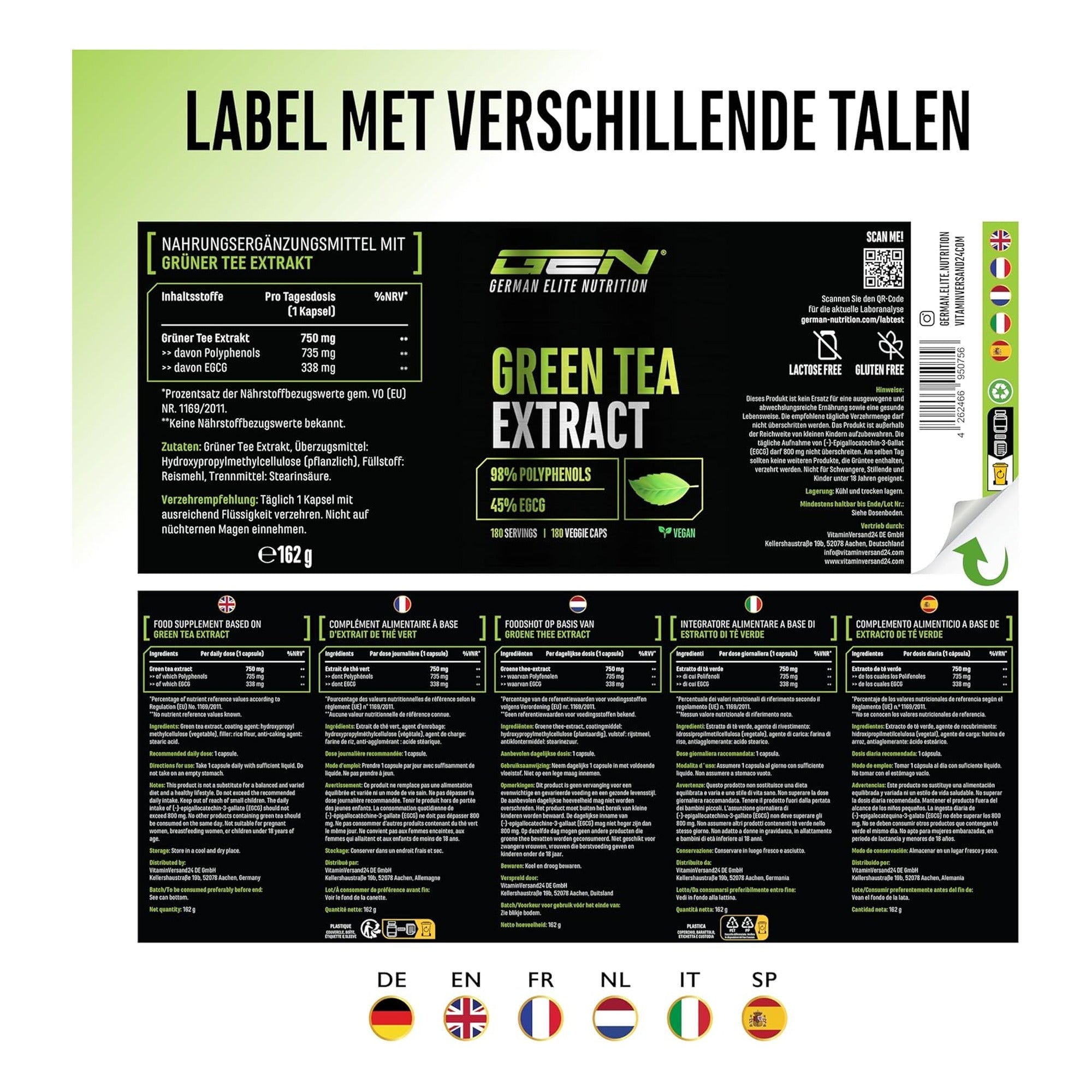 GEN Green Tea Extract label in verschillende talen