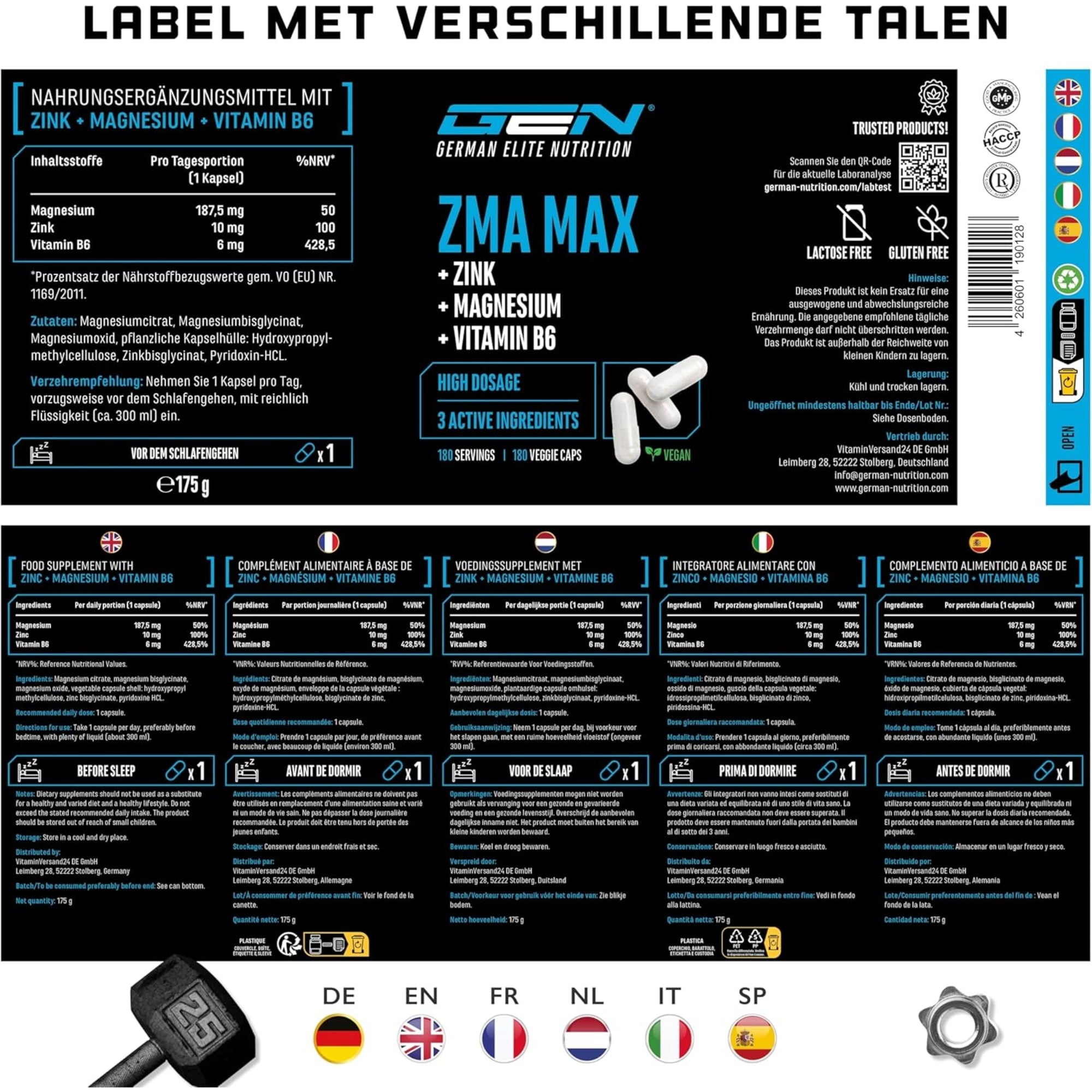 ZMA MAX (Zink, Tripple Magnesium & Vitamine B6) | 180 Capsules | German Elite Nutrition