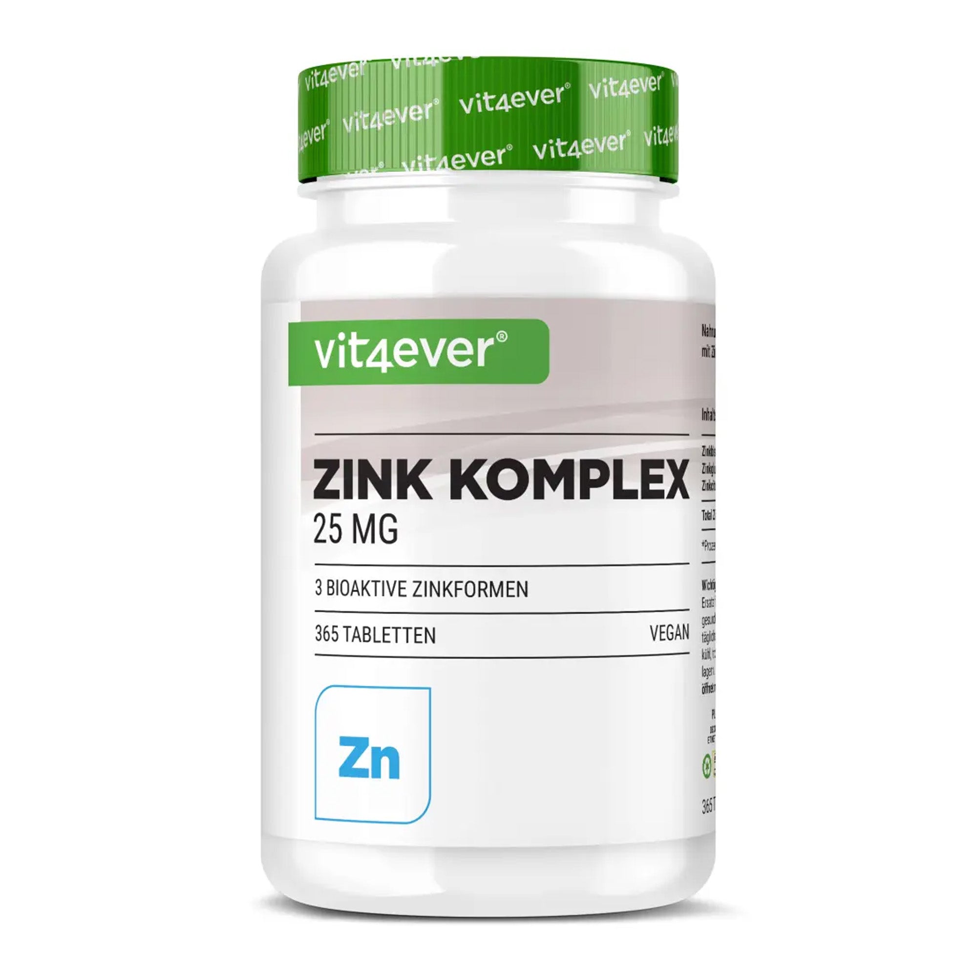Zink Complex (zinkbisglycinaat, zinkcitraat en zinkgluconaat) | 15mg of 25mg | 365 tabletten | Vit4ever
