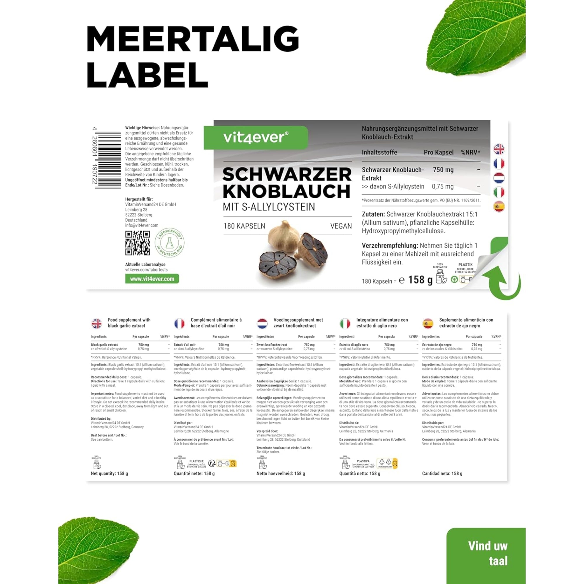 Schwarzer Knoblauch-Extrakt mit S-Allylcystein | 180 Kapseln | Vit4ever