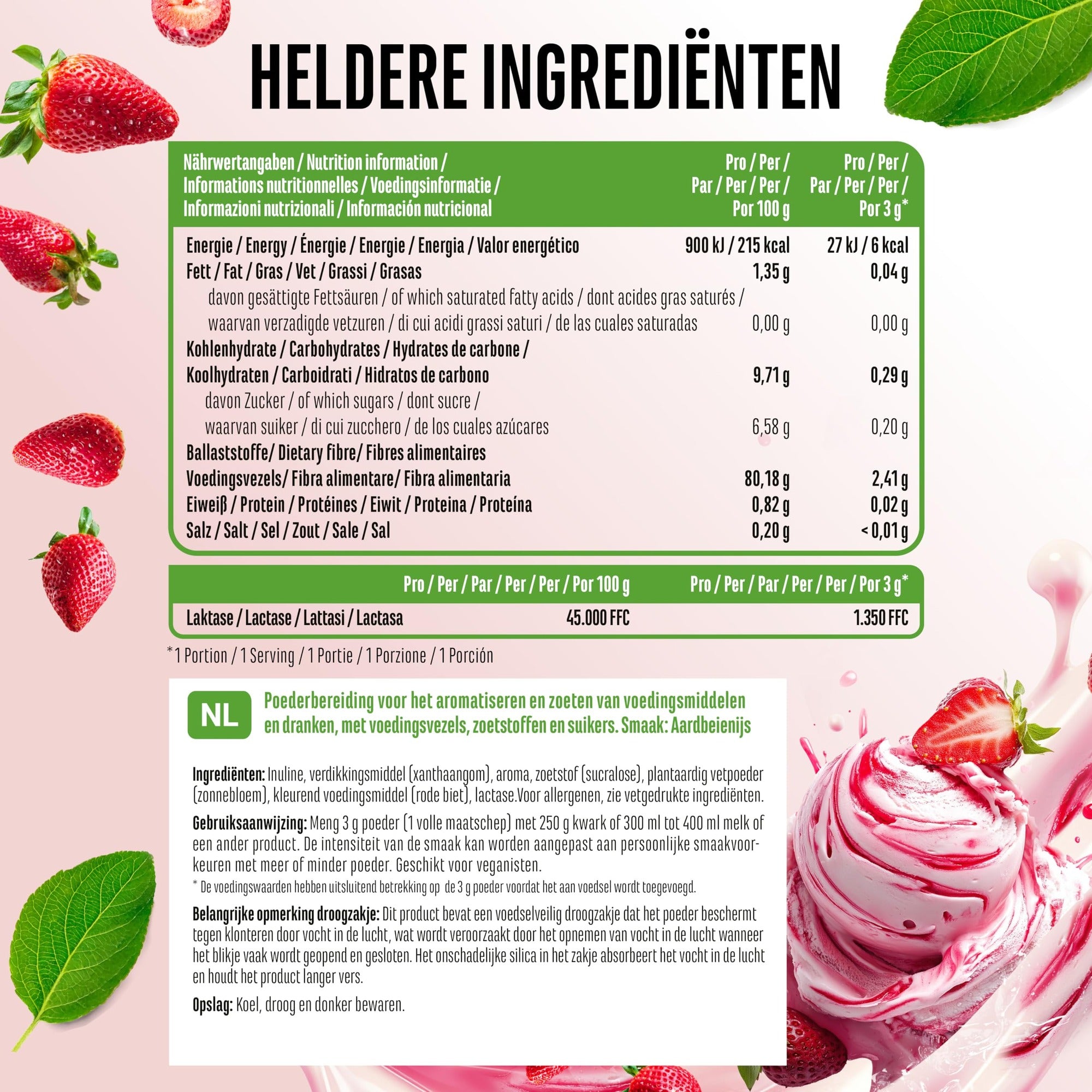 Voedingswaarden en ingrediënten Vit4ever Flavor Craft Aardbeienijs smaakpoeder 250 g