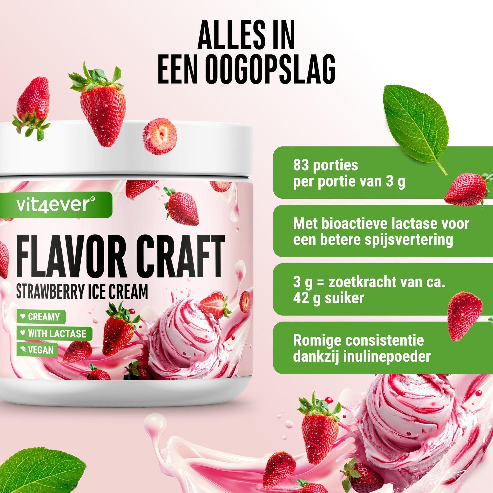 Vit4ever Flavor Craft Aardbeienijs 250 g smaakpoeder met 50 porties en romige consistentie