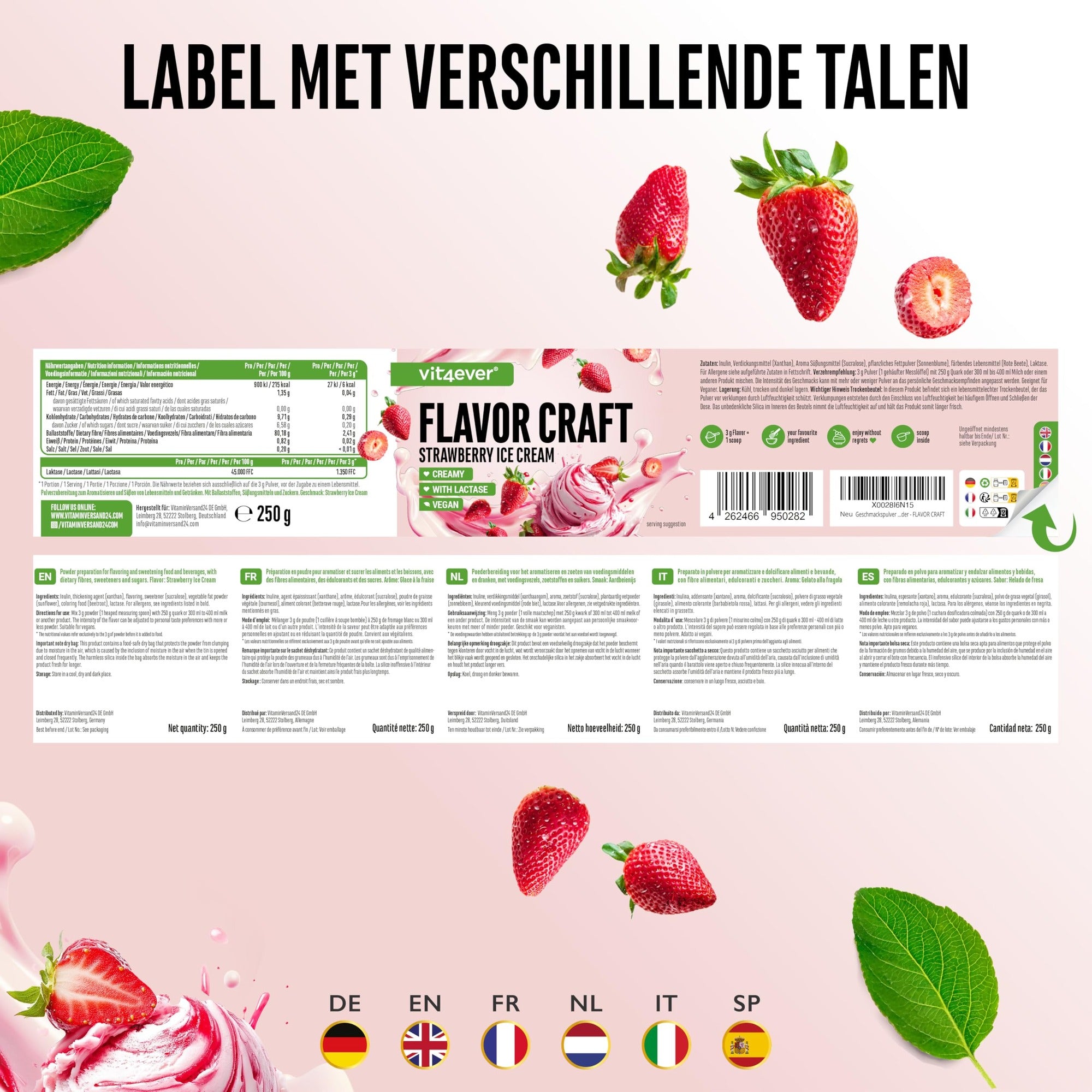 Etiket en ingrediënten Vit4ever Flavor Craft Aardbeienijs smaakpoeder 250 g