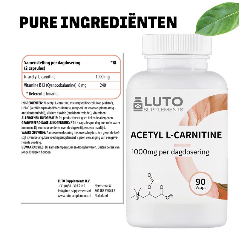Acetyl L-Carnitine 1000mg + Vitamine B12 | 90 plantaardige capsules | LUTO Supplements