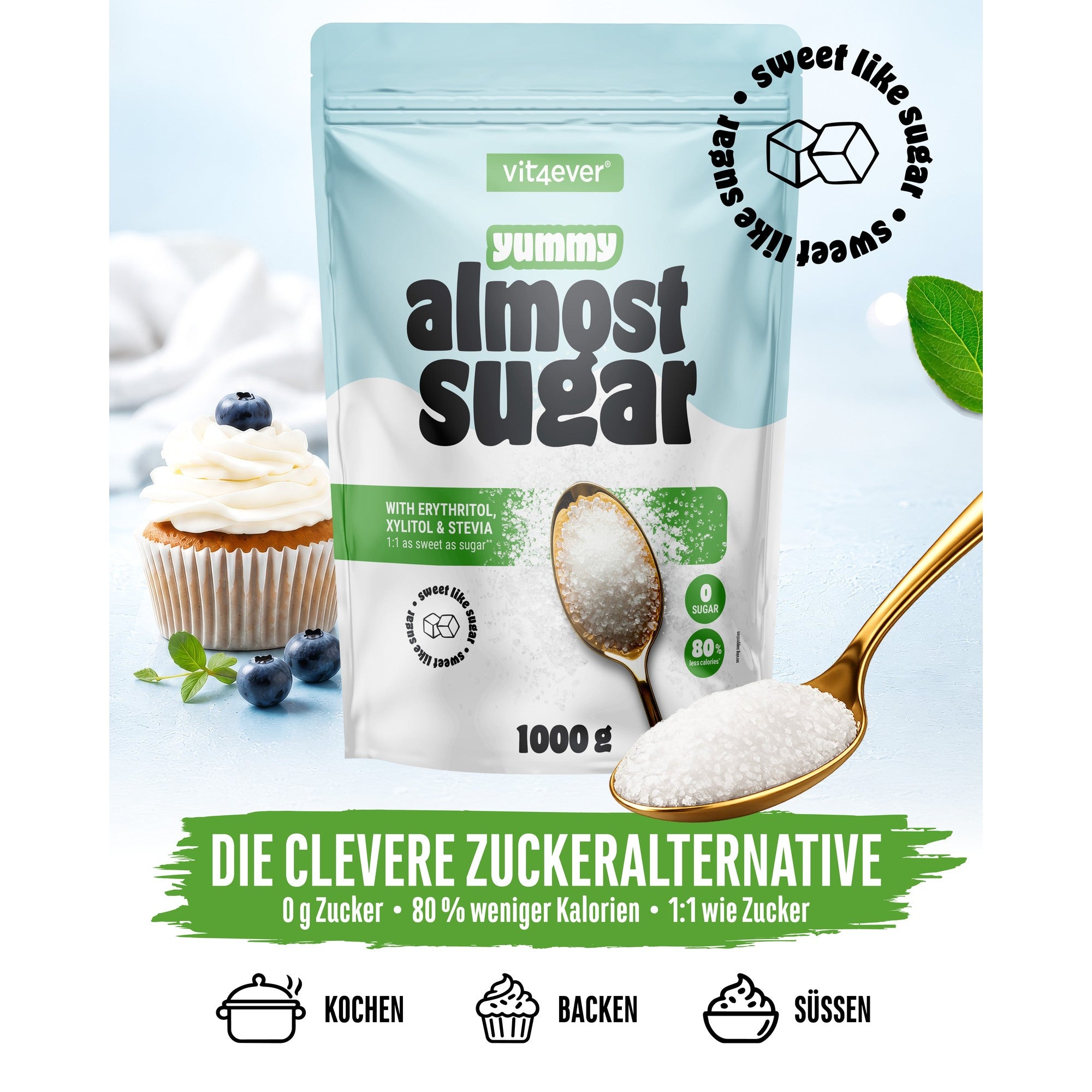 Almost Sugar achterkant verpakking met ingredienten en voedingswaarde per 100 gram