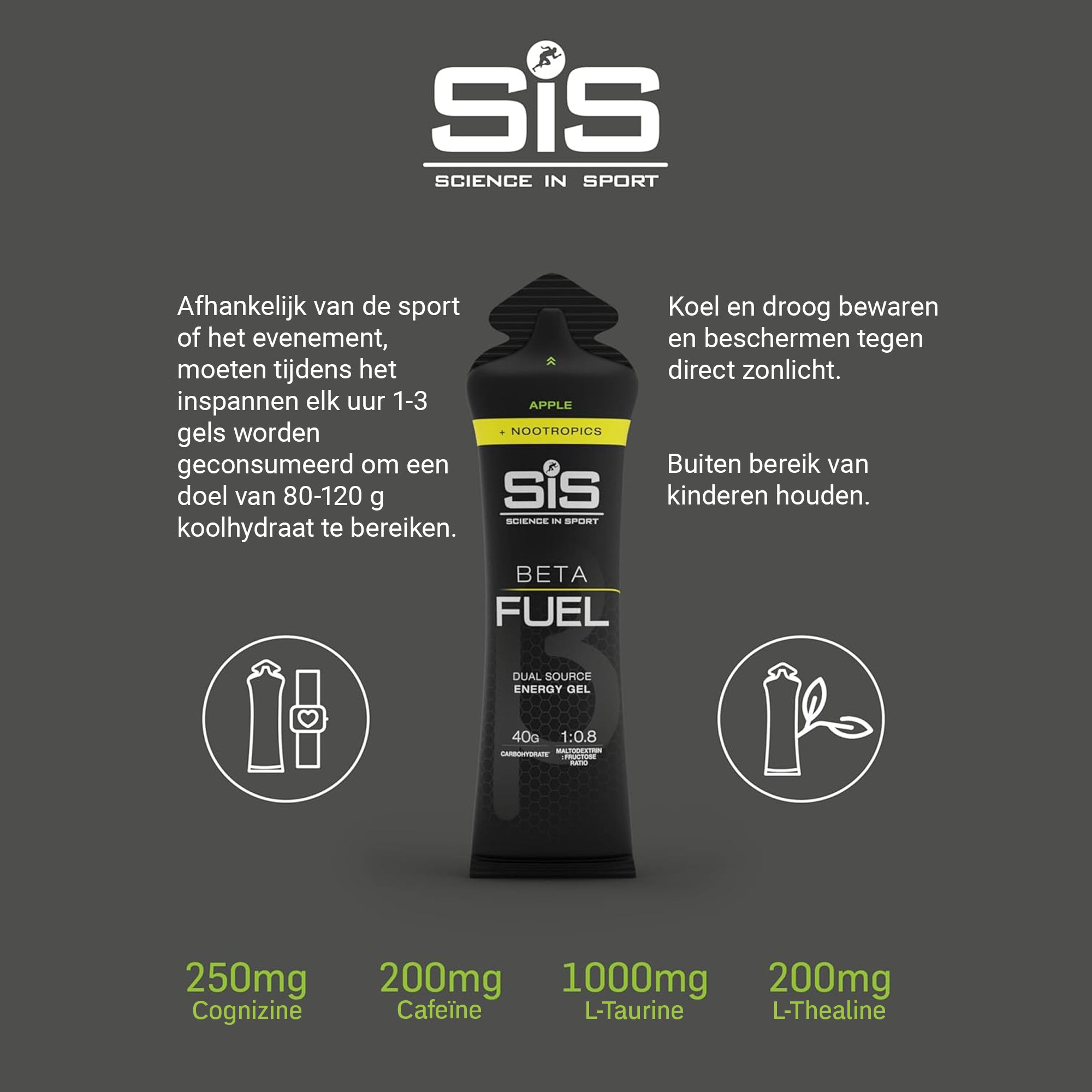 Voorkant van de SiS Beta Fuel Gel + Nootropics verpakking met appelsmaak, 60 ml."