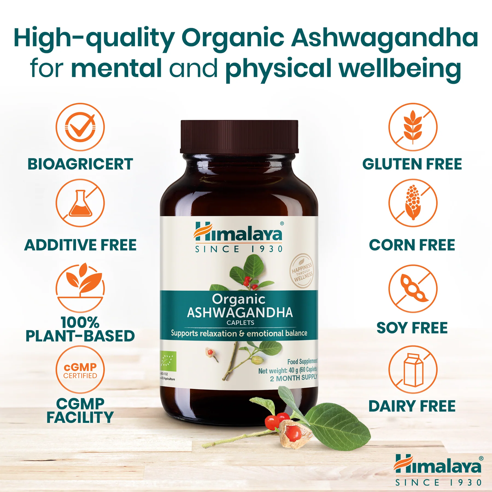 Himalaya Bio Ashwagandha glutenvrij, sojavrij, lactosevrij en 100 procent plantaardig